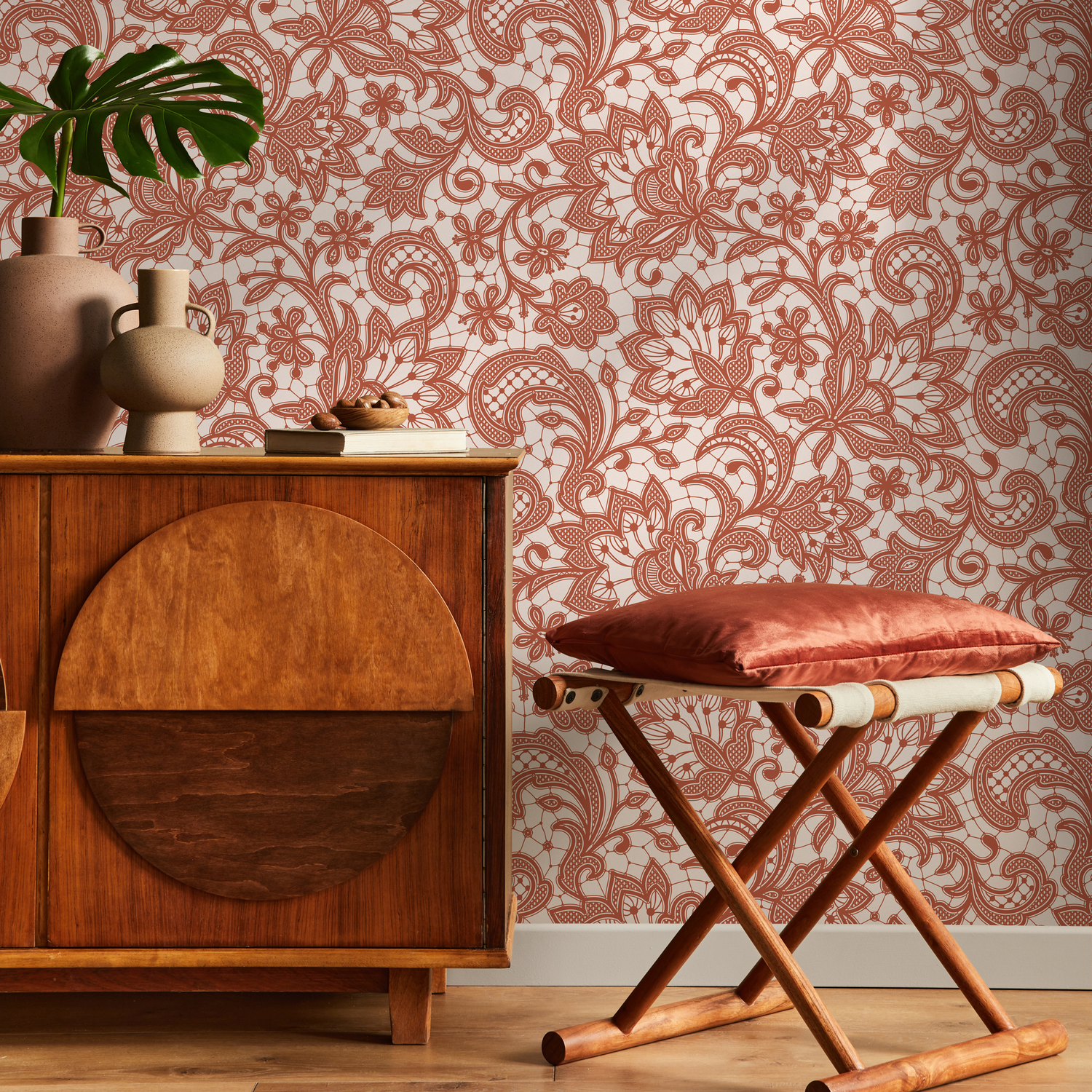 Lace Wallpaper with an Intricate Floral Motif in Terracotta Red - D212