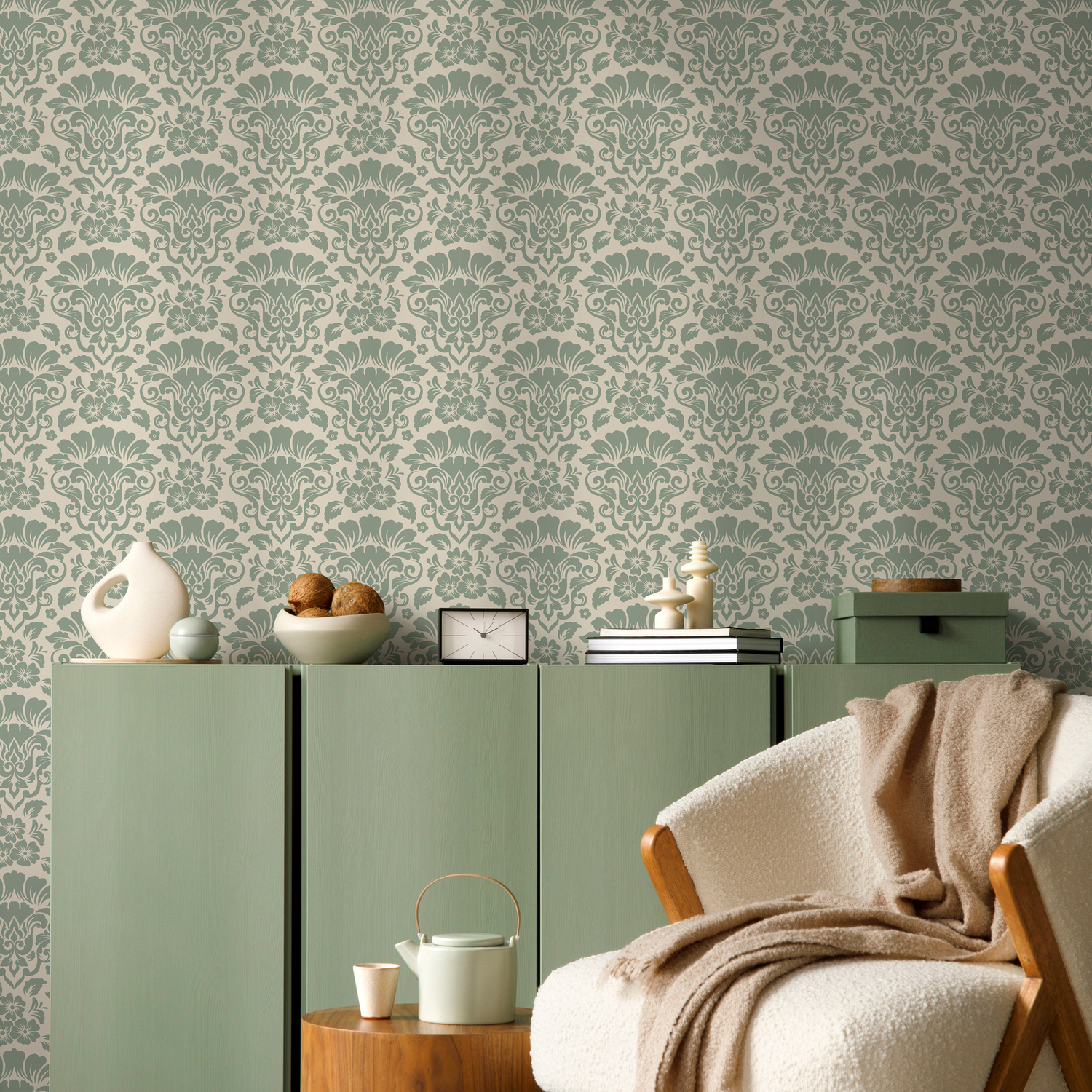 Damask Wallpaper with an Elegant Floral Motif in Mint and Beige - D216