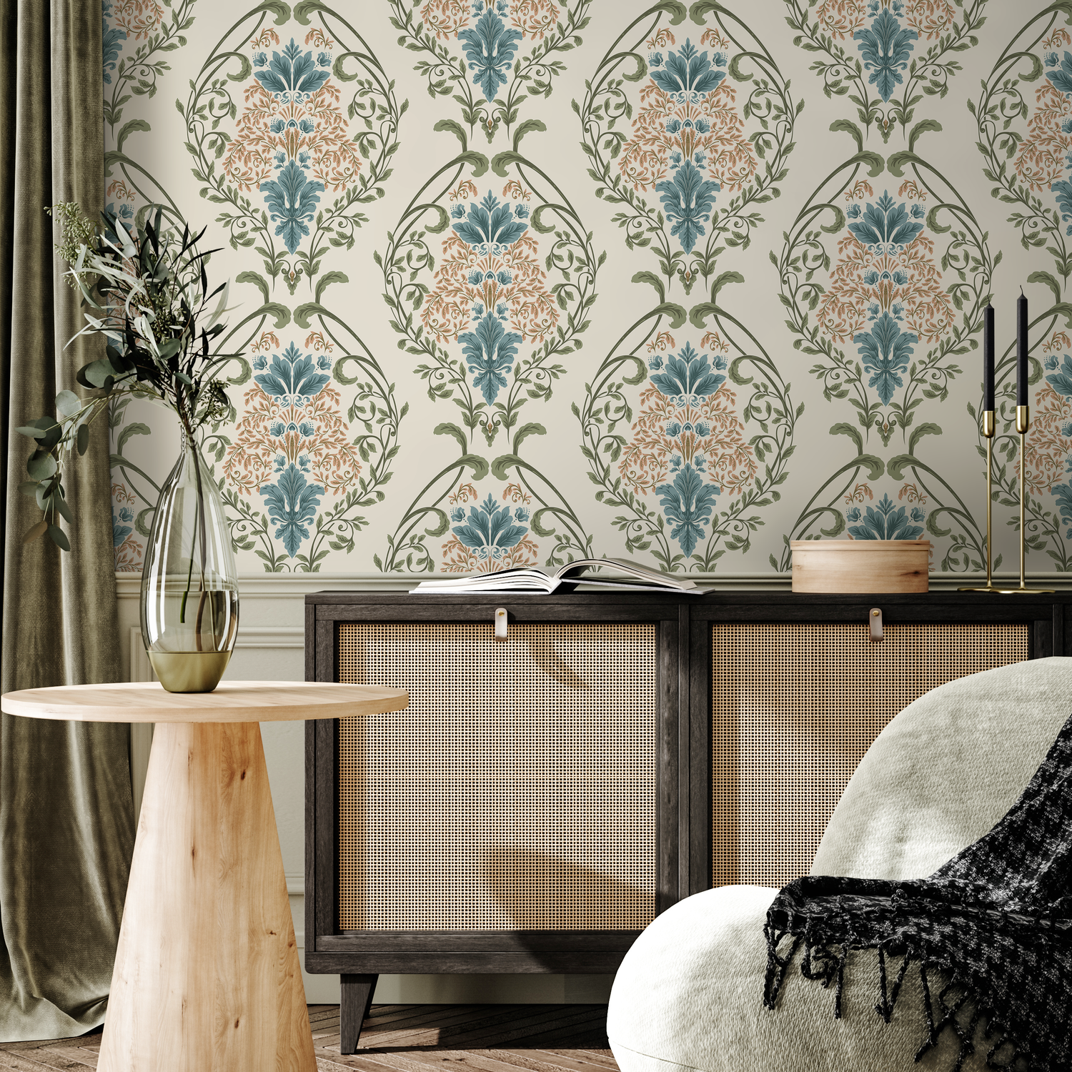Victorian Wallpaper with a Floral Damask Motif in Teal, Brown, and Green - D220