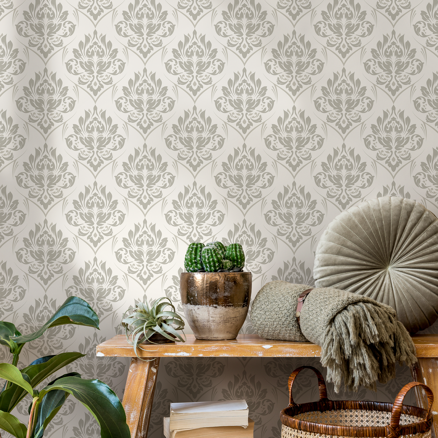 Damask Wallpaper with a Classic Ornate Motif in Neutral Gray and Cream - D229