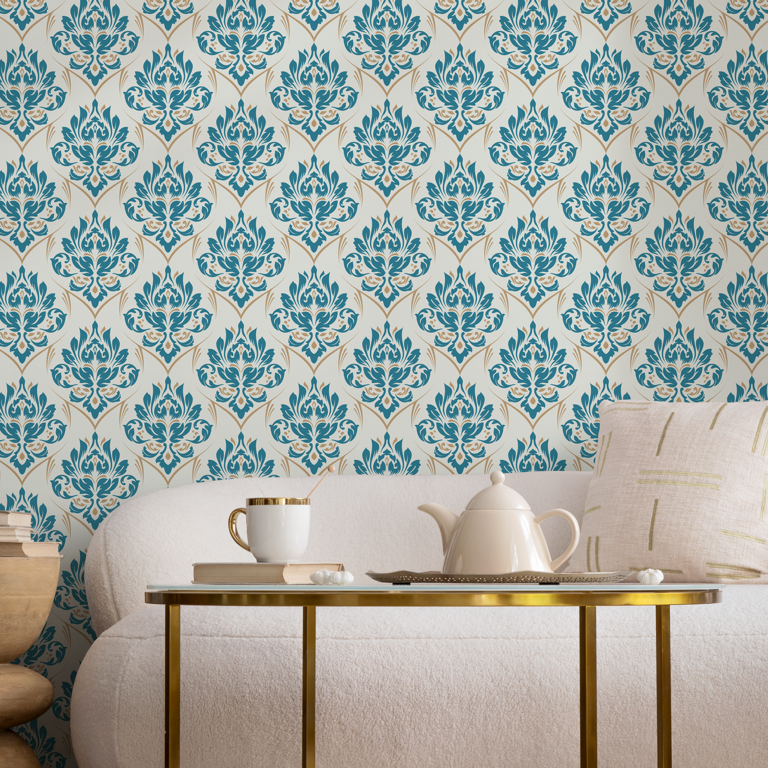 Papel pintado damasco azul claro y beige / Papel pintado autoadhesivo / Papel pintado removible / Decoración del hogar / Arte de pared / Decoración de habitación - D230