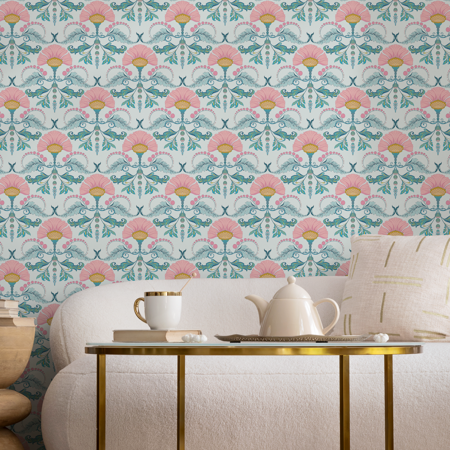 Floral Wallpaper with a Stylized Damask Motif in Pink, Teal, and Yellow - D237
