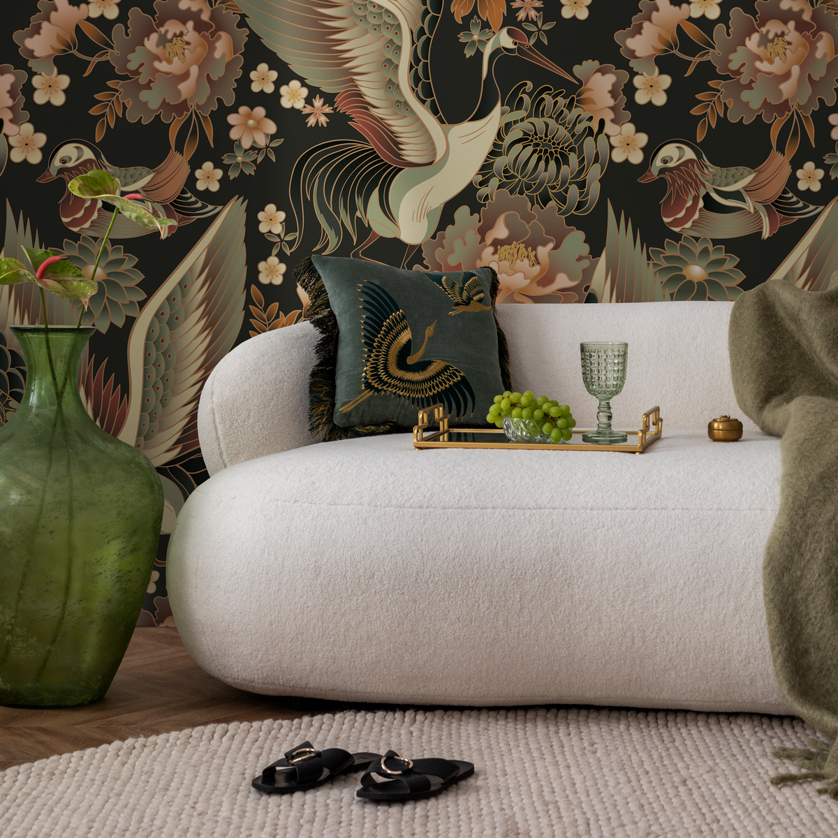 Taupe Chinoiserie Crane Birds Wallpaper / Peel and Stick Wallpaper Removable Wallpaper Home Decor Wall Art Wall Decor Room Decor - D246 - ONDECOR.COM