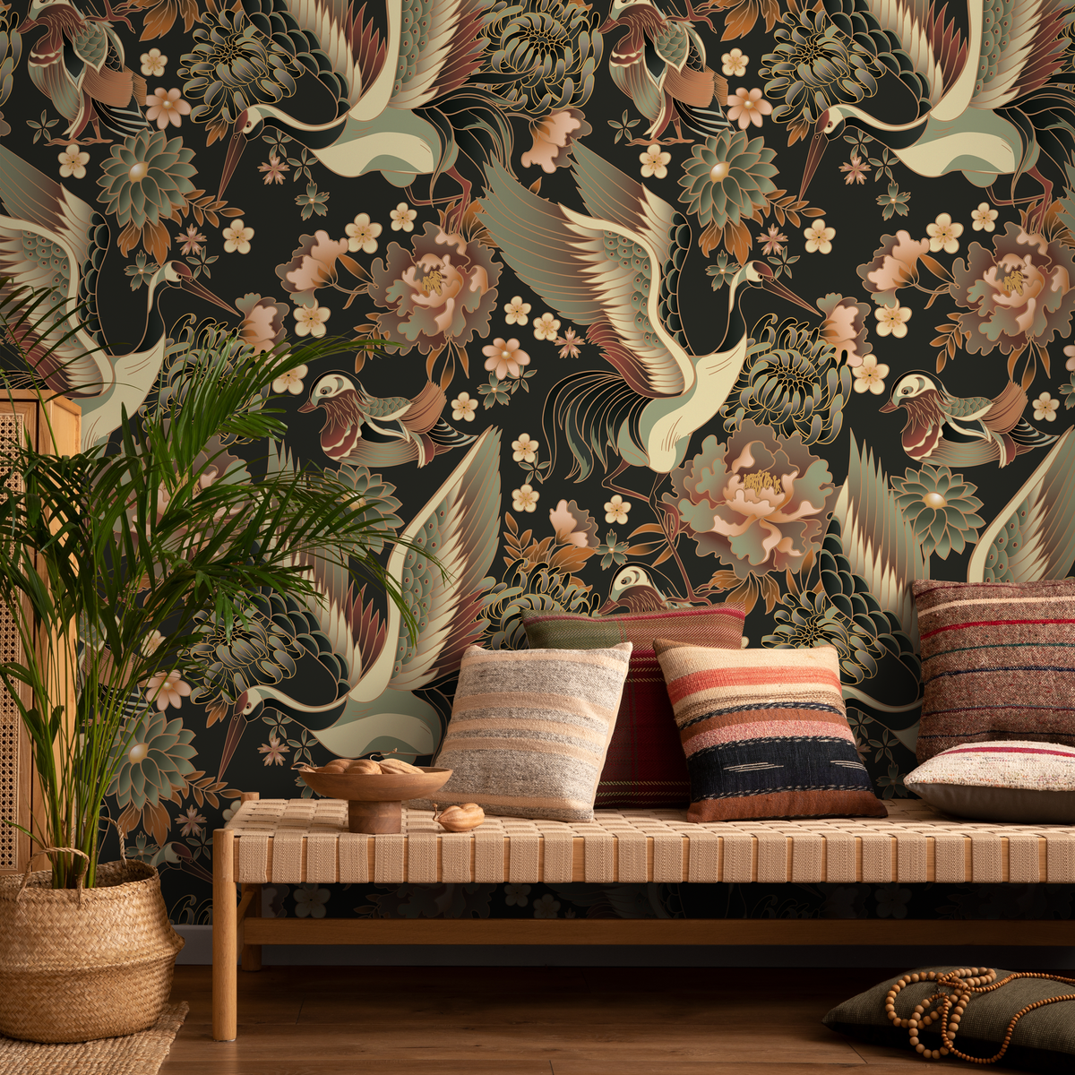 Taupe Chinoiserie Crane Birds Wallpaper / Peel and Stick Wallpaper Removable Wallpaper Home Decor Wall Art Wall Decor Room Decor - D246 - ONDECOR.COM