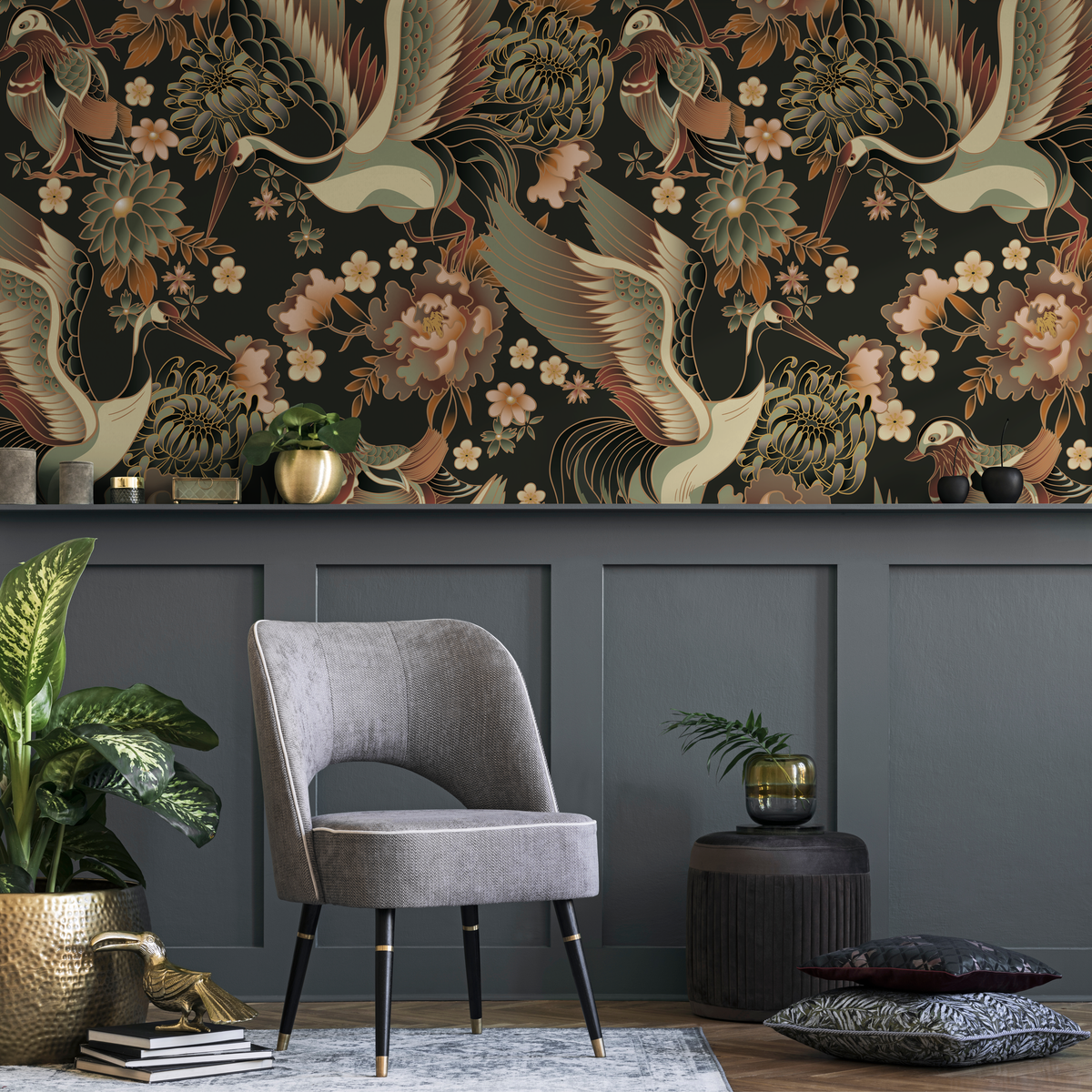 Taupe Chinoiserie Crane Birds Wallpaper / Peel and Stick Wallpaper Removable Wallpaper Home Decor Wall Art Wall Decor Room Decor - D246 - ONDECOR.COM