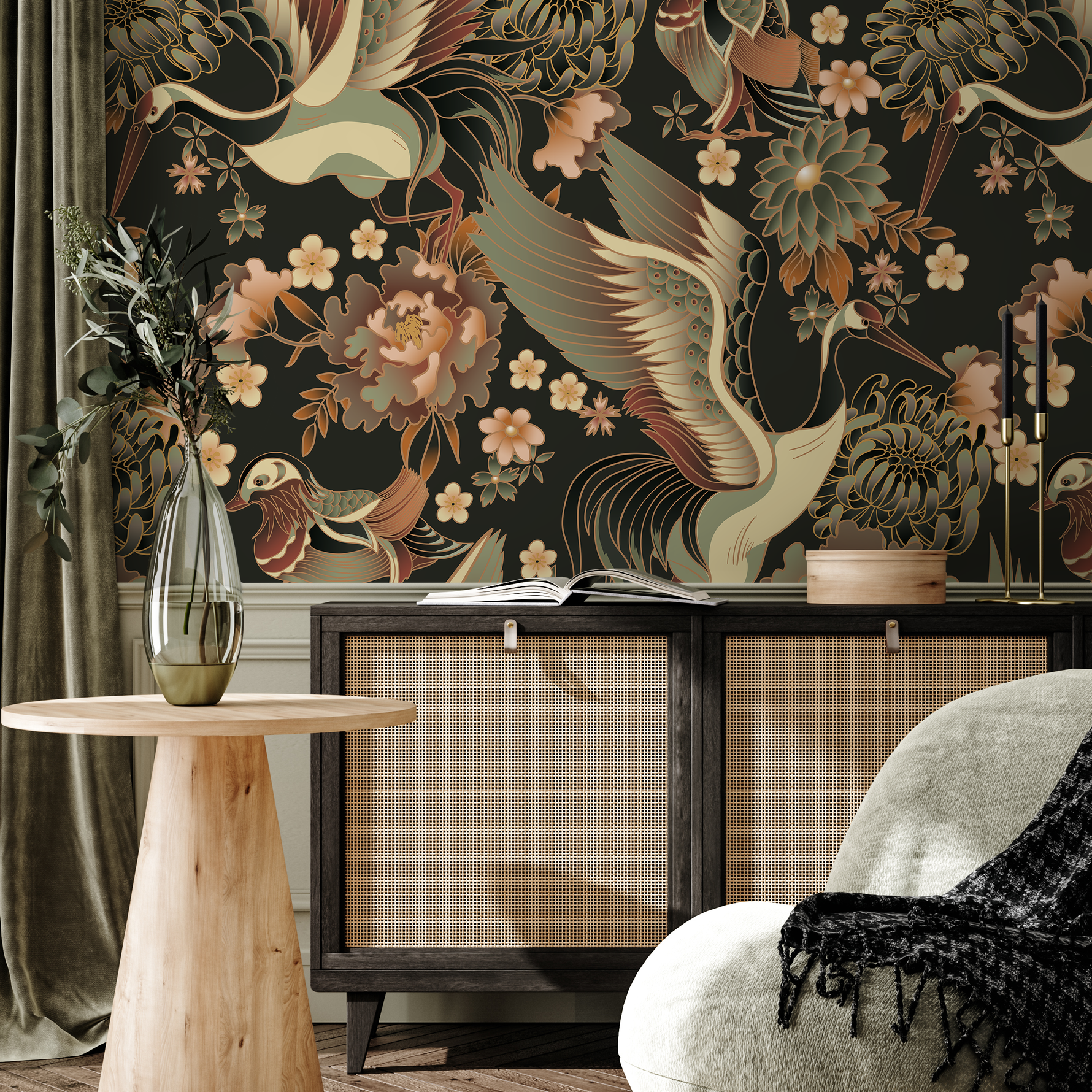 Taupe Chinoiserie Crane Birds Wallpaper / Peel and Stick Wallpaper Removable Wallpaper Home Decor Wall Art Wall Decor Room Decor - D246 - ONDECOR.COM