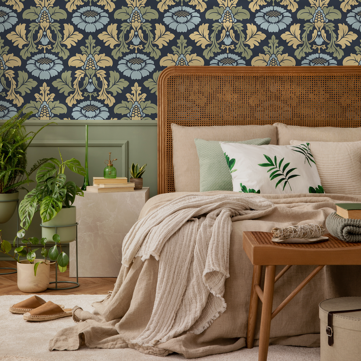 Damask Wallpaper with a Stylized Floral Motif in Navy Blue, Gold, and Light Blue - D256