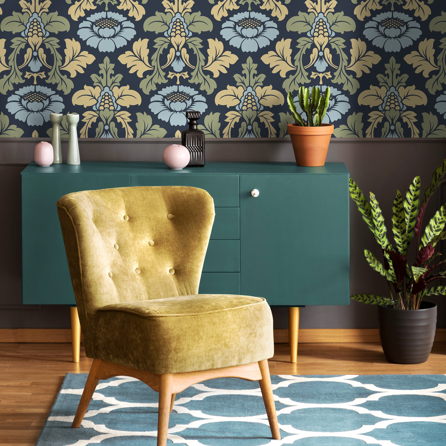 Damask Wallpaper with a Stylized Floral Motif in Navy Blue, Gold, and Light Blue - D256