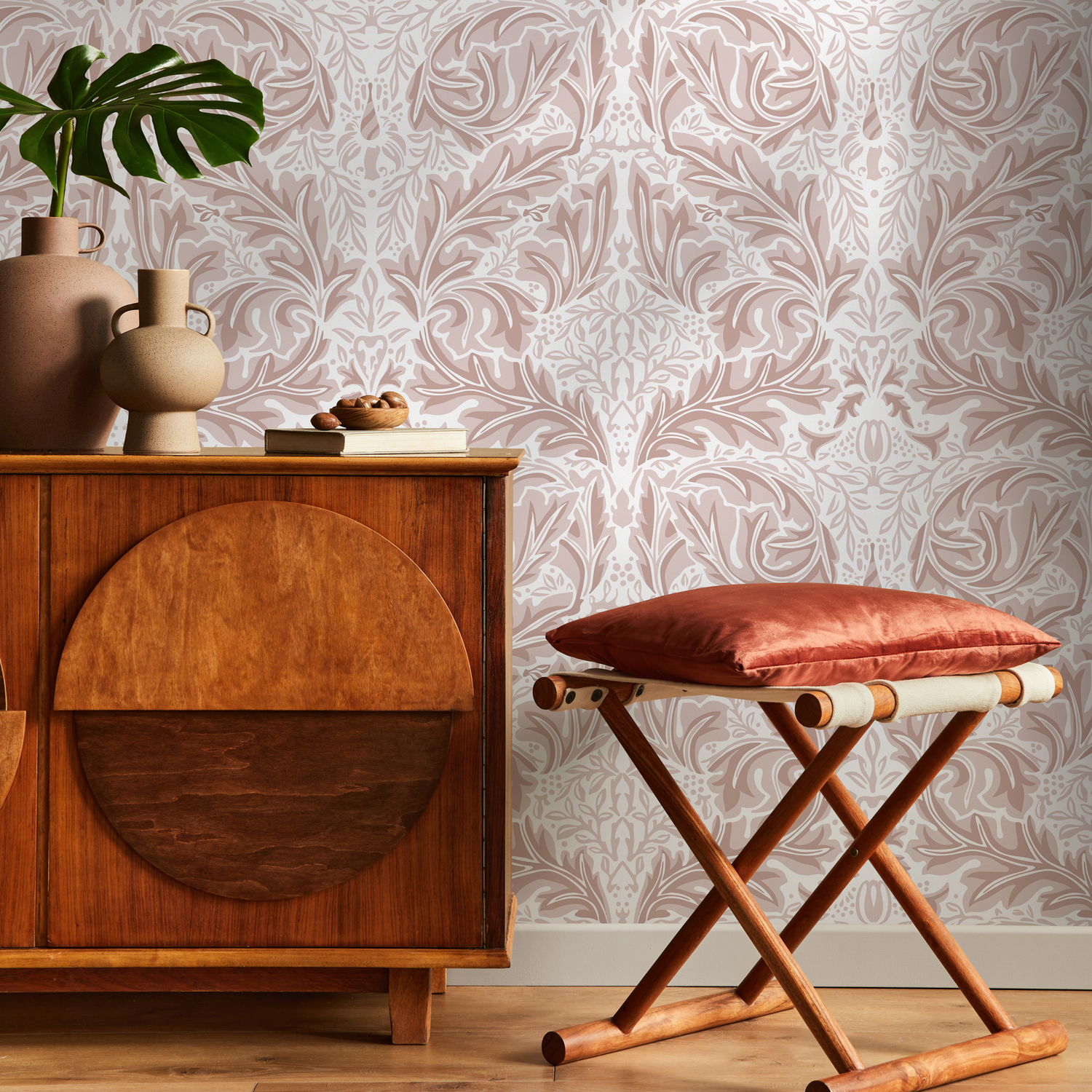 Victorian Wallpaper with a Symmetrical Acanthus Motif in Pink and White - D267