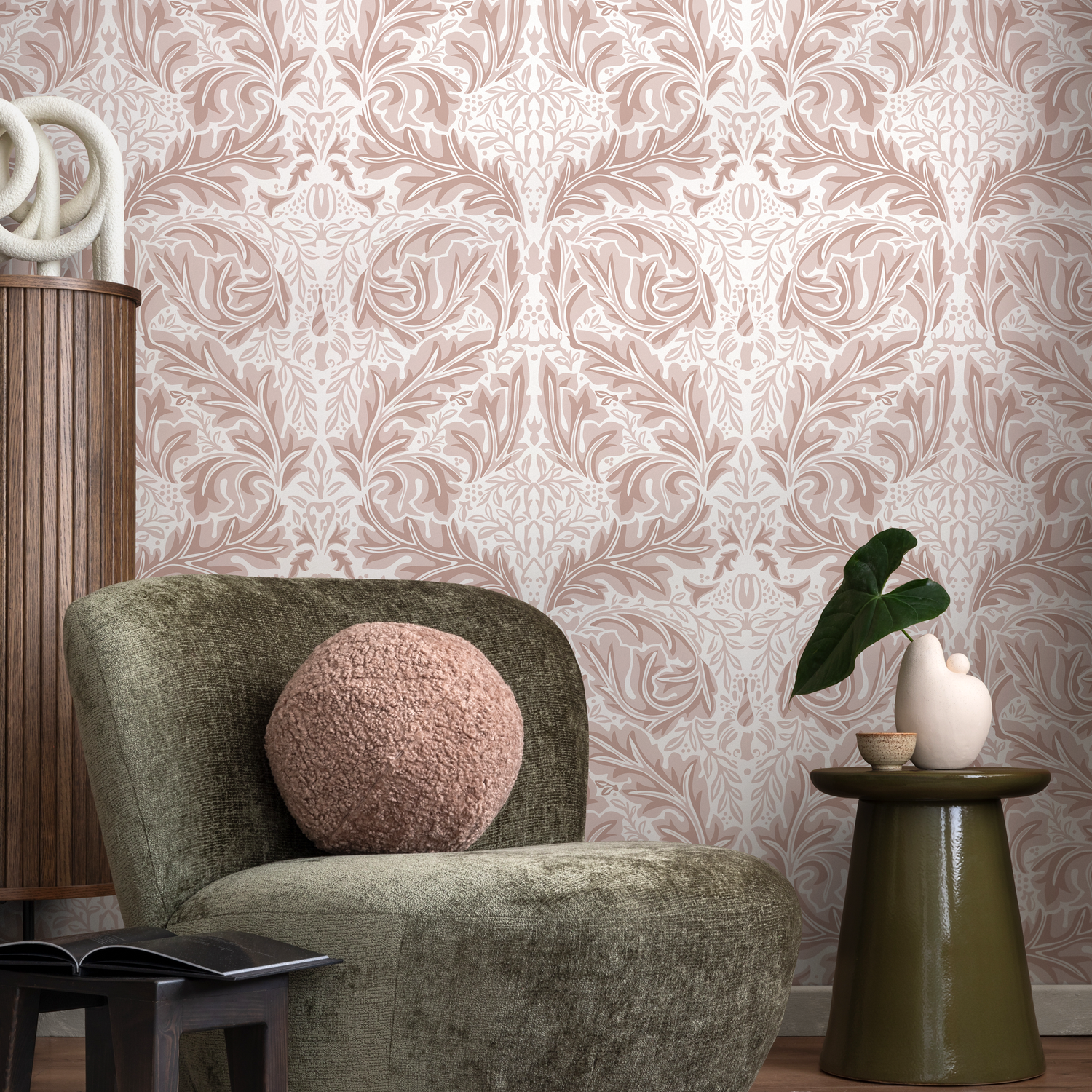 Victorian Wallpaper with a Symmetrical Acanthus Motif in Pink and White - D267