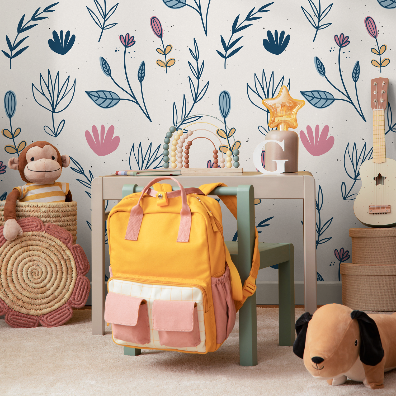 Floral Wallpaper with a Whimsical Wildflower Print in Blue, Pink, and Yellow - D271