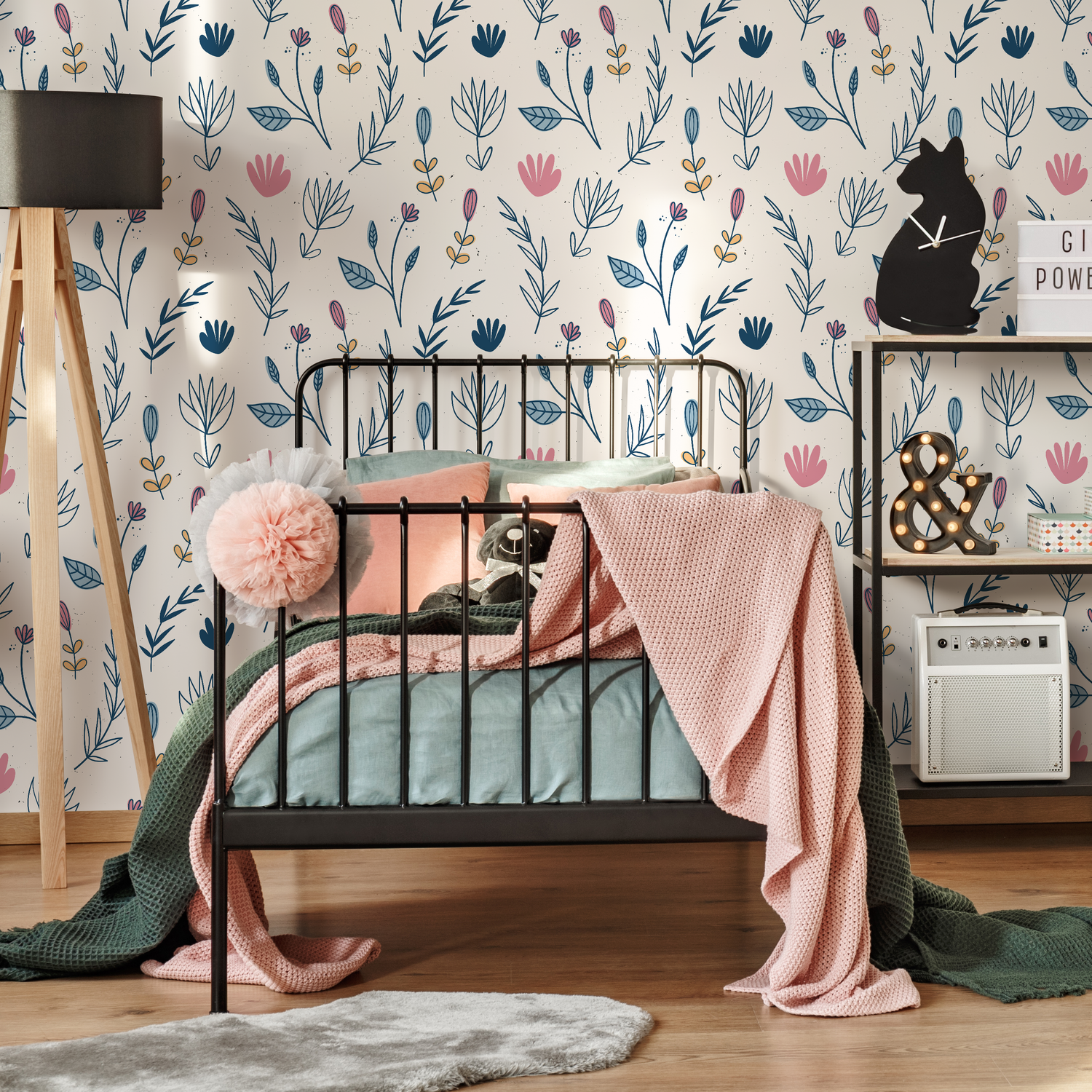 Floral Wallpaper with a Whimsical Wildflower Print in Blue, Pink, and Yellow - D271