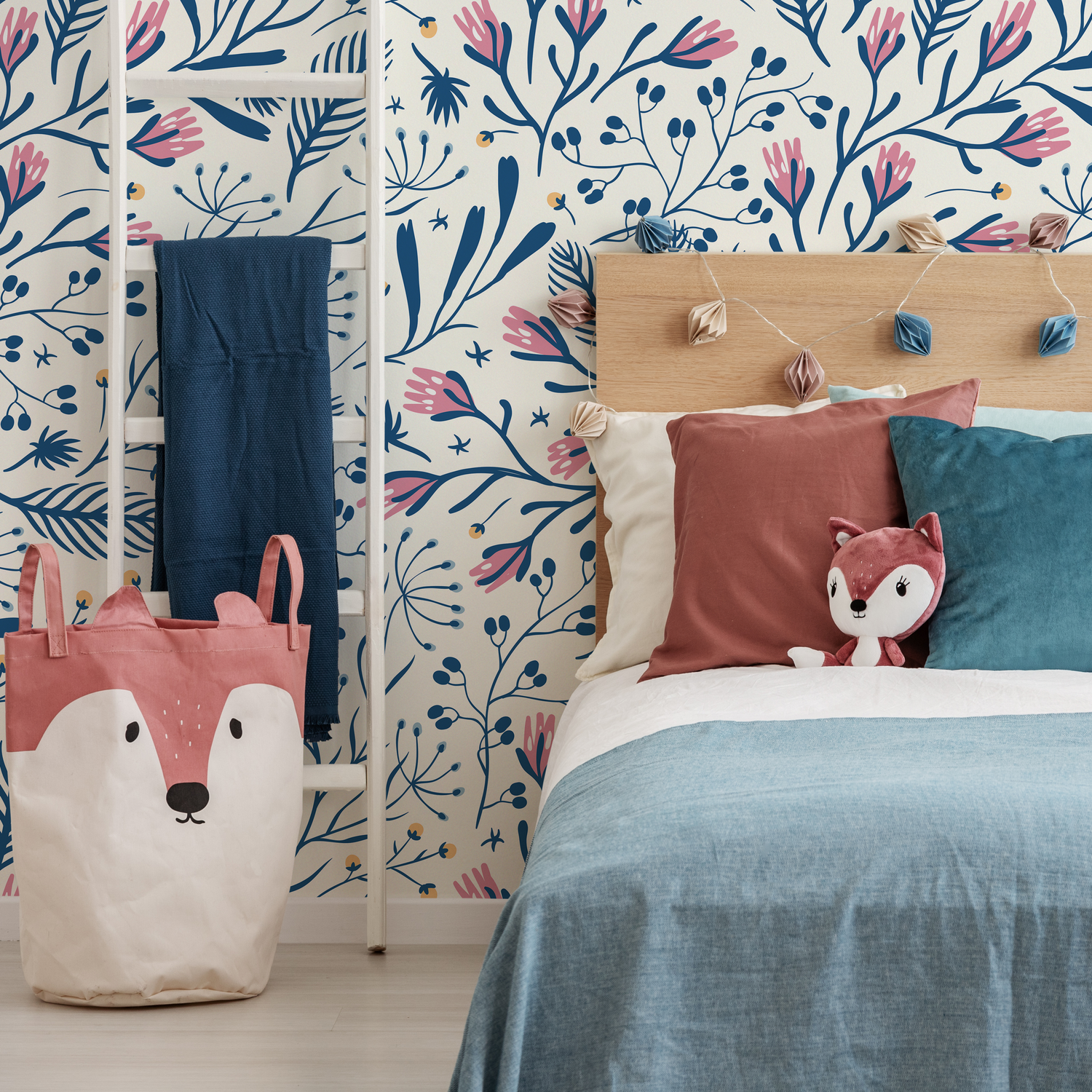 Scandinavian Wallpaper with a Folk Art Floral Motif in Blue, Pink, and Yellow - D279