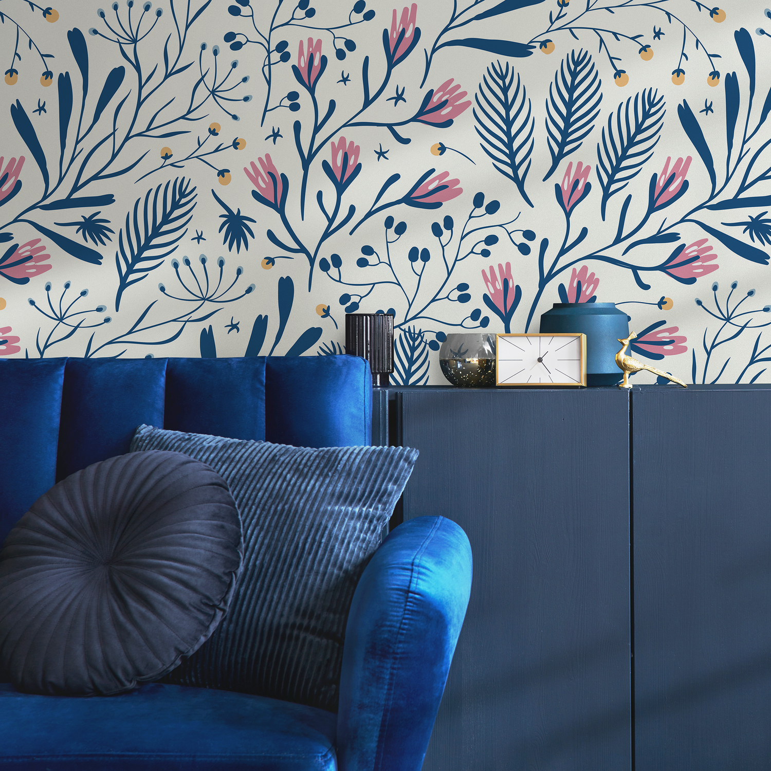 Scandinavian Wallpaper with a Folk Art Floral Motif in Blue, Pink, and Yellow - D279