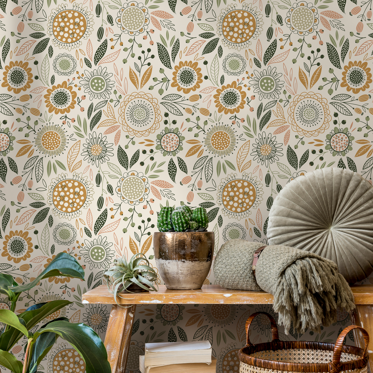 Boho Floral Garden Wallpaper / Peel and Stick Wallpaper Removable Wallpaper Home Decor Wall Art Wall Decor Room Decor - D284 - ONDECOR.COM