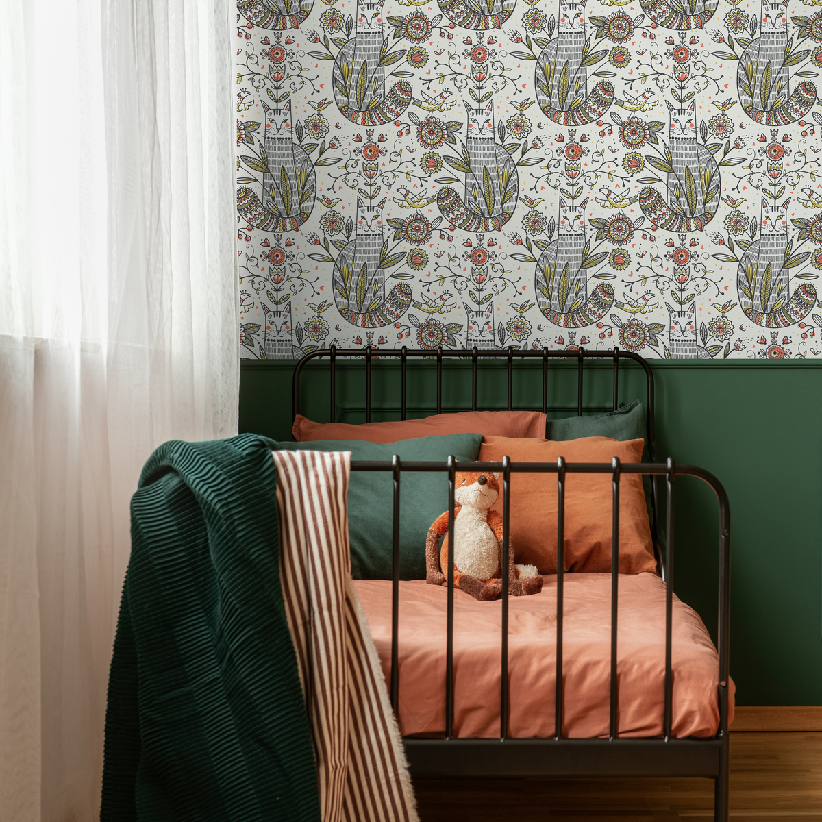 Floral Garden and Cat Wallpaper / Peel and Stick Wallpaper Removable Wallpaper Home Decor Wall Art Wall Decor Room Decor - D293 - ONDECOR.COM