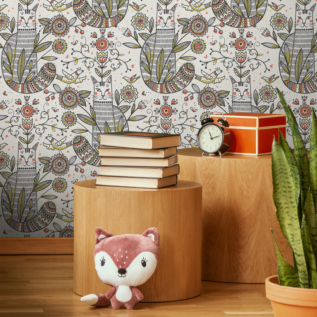 Floral Garden and Cat Wallpaper / Peel and Stick Wallpaper Removable Wallpaper Home Decor Wall Art Wall Decor Room Decor - D293 - ONDECOR.COM