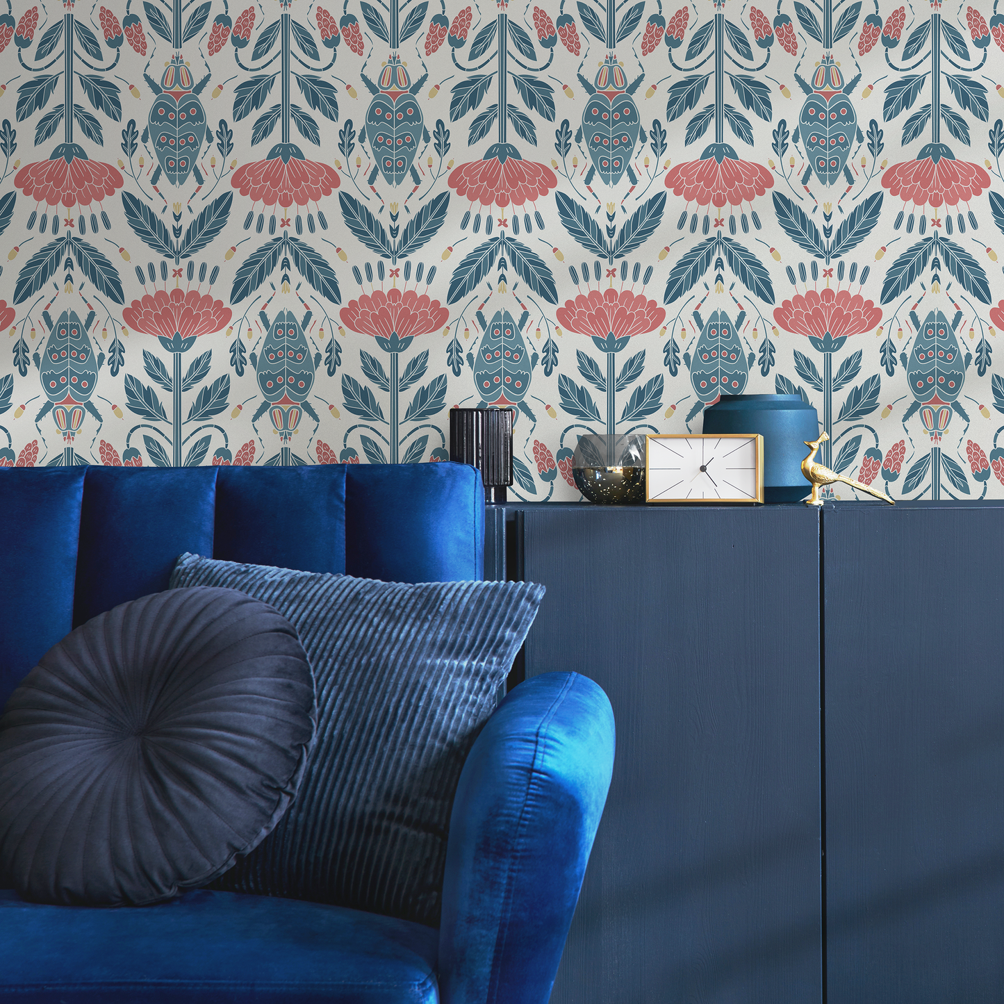 Papel pintado floral con diseño de escarabajos, autoadhesivo, removible, para decoración del hogar, arte de pared, decoración de habitaciones - D297