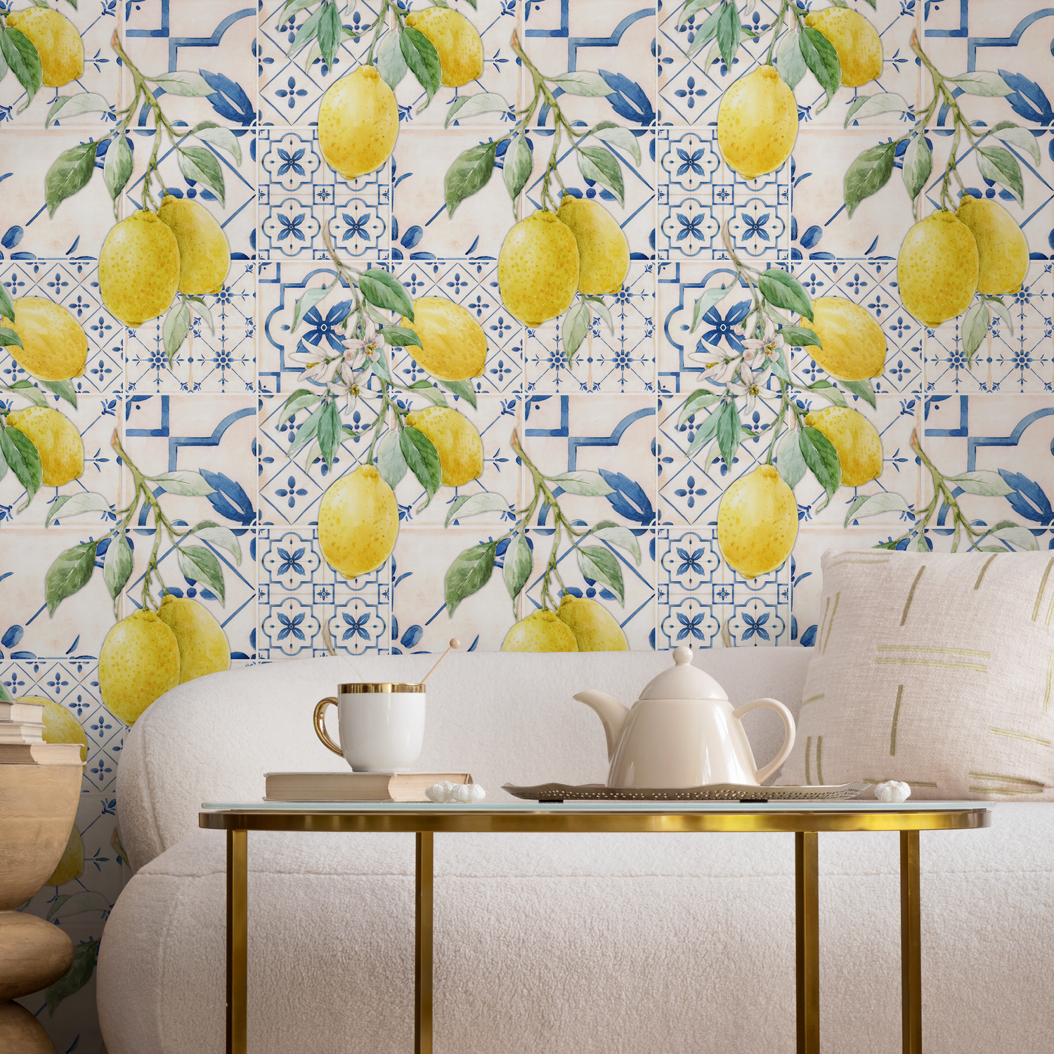 Papier peint à carreaux bleus et citron méditerranéen / Papier peint autocollant, papier peint amovible, décoration d'intérieur, art mural, décoration murale, décoration de chambre - D309