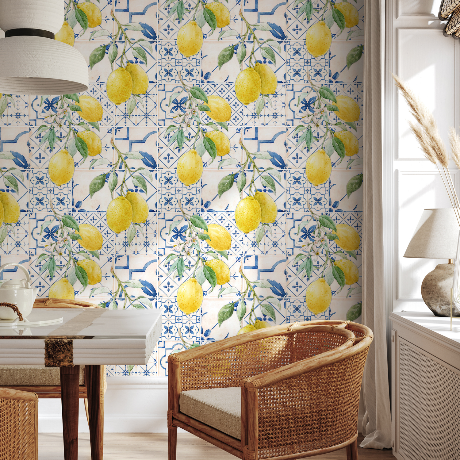 Papier peint à carreaux bleus et citron méditerranéen / Papier peint autocollant, papier peint amovible, décoration d'intérieur, art mural, décoration murale, décoration de chambre - D309