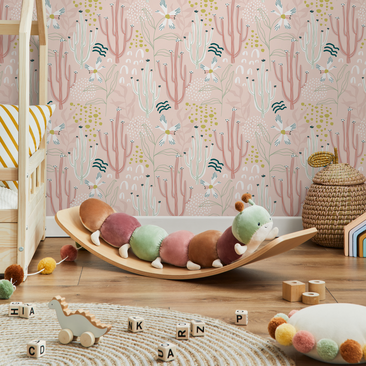 Cactus Wallpaper with Whimsical Desert Flowers in Pink, Green, and White - D313