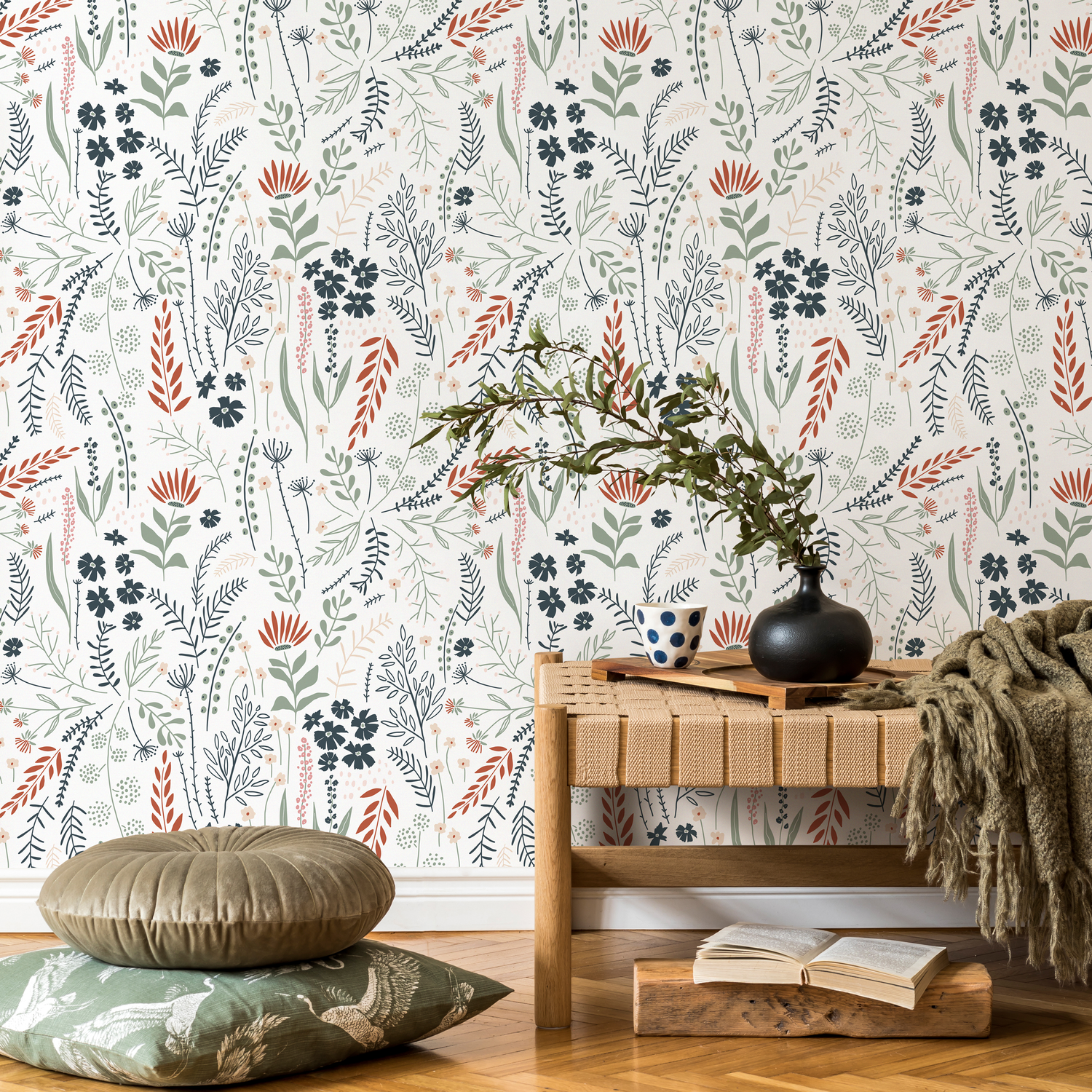 Wildflower Wallpaper with a Delicate Meadow Motif in Blue, Rust, and Green - D317