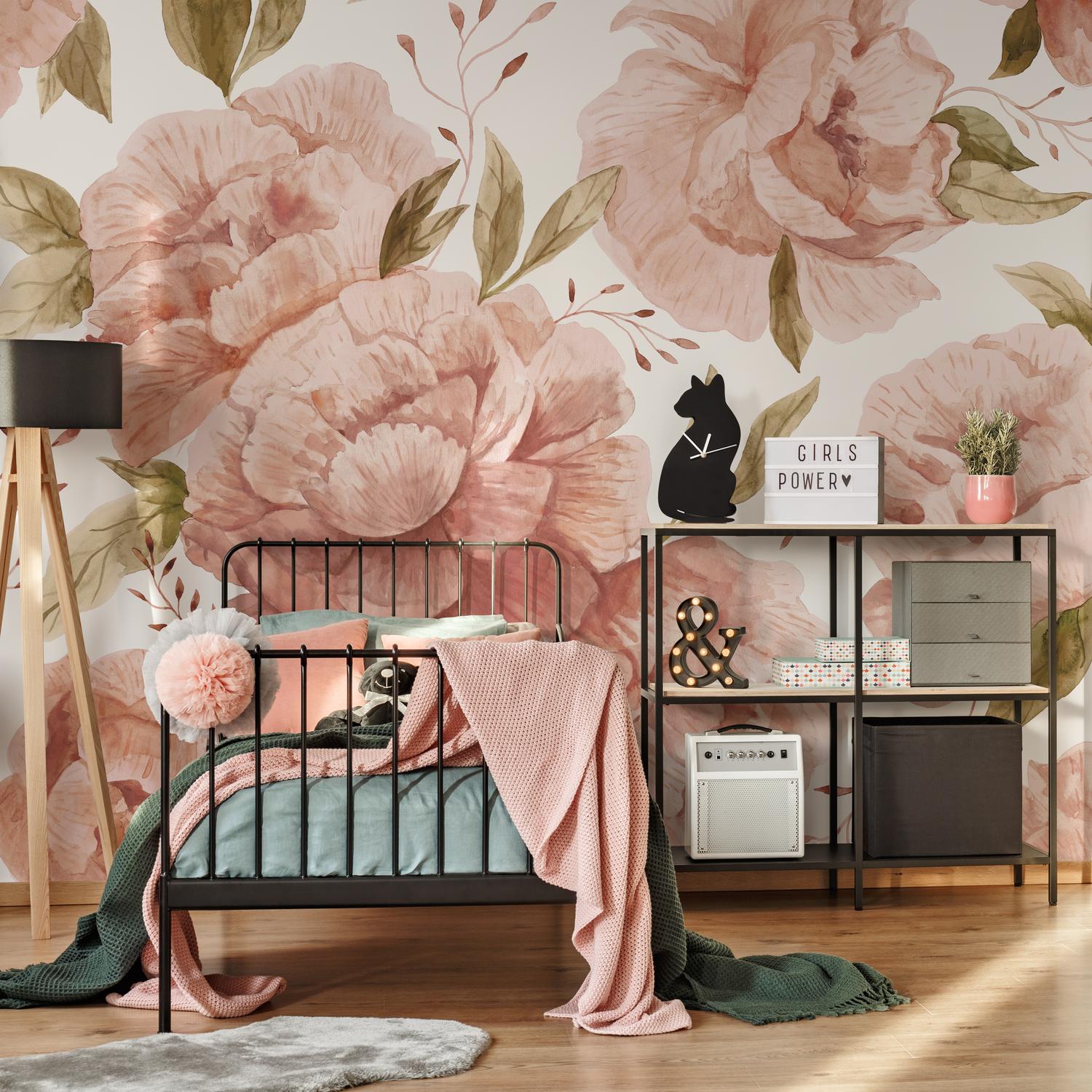 Floral Wallpaper with Large Watercolor Roses in Pink and Green - D322