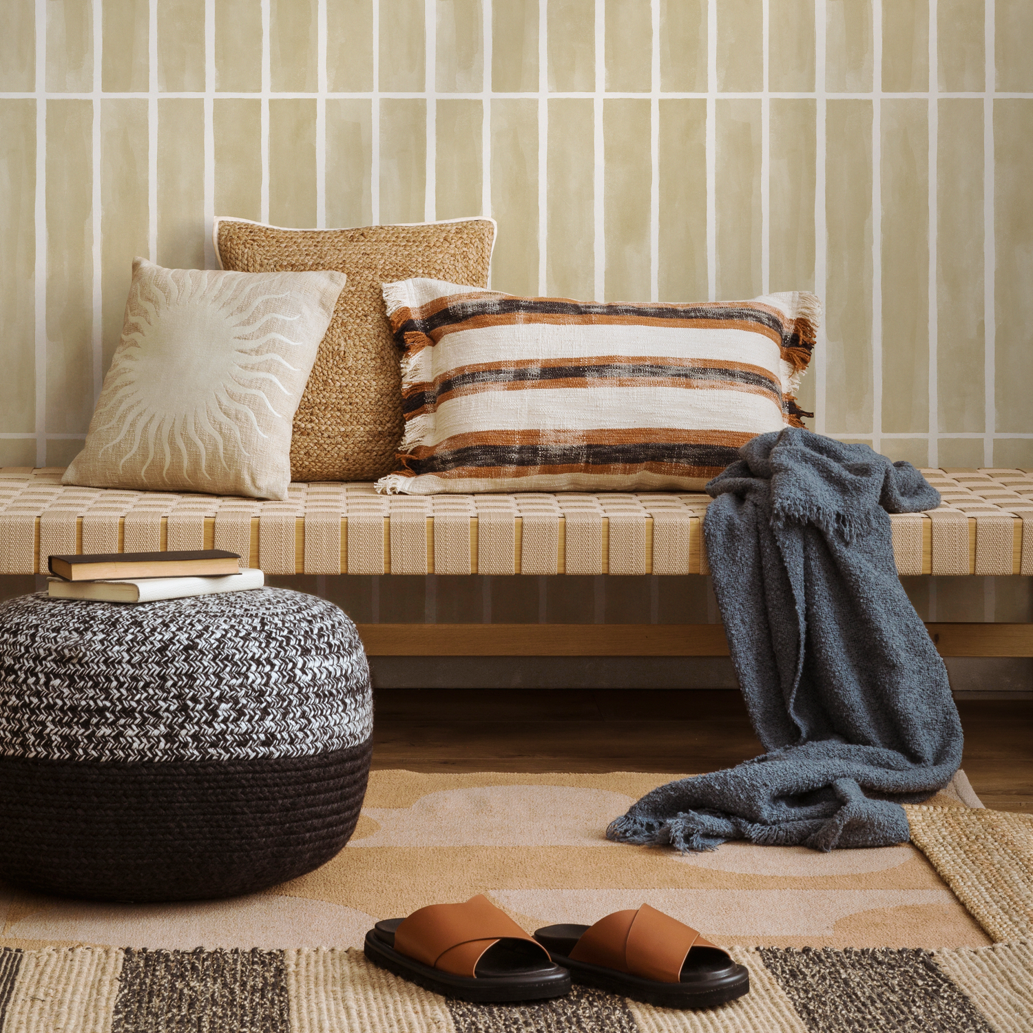 Geometric Wallpaper with a Hand-Drawn Tile Motif in Yellow and White - D324
