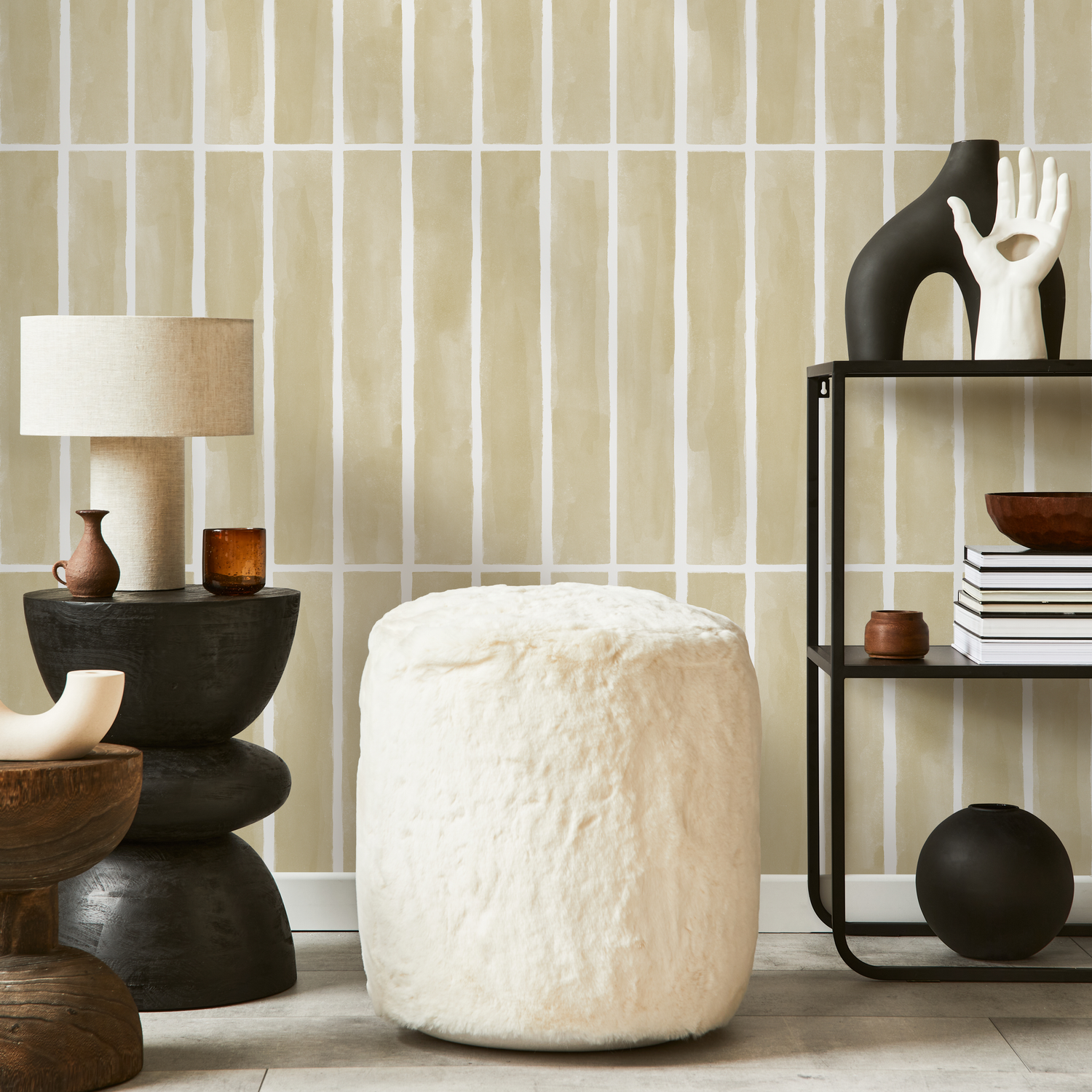Geometric Wallpaper with a Hand-Drawn Tile Motif in Yellow and White - D324
