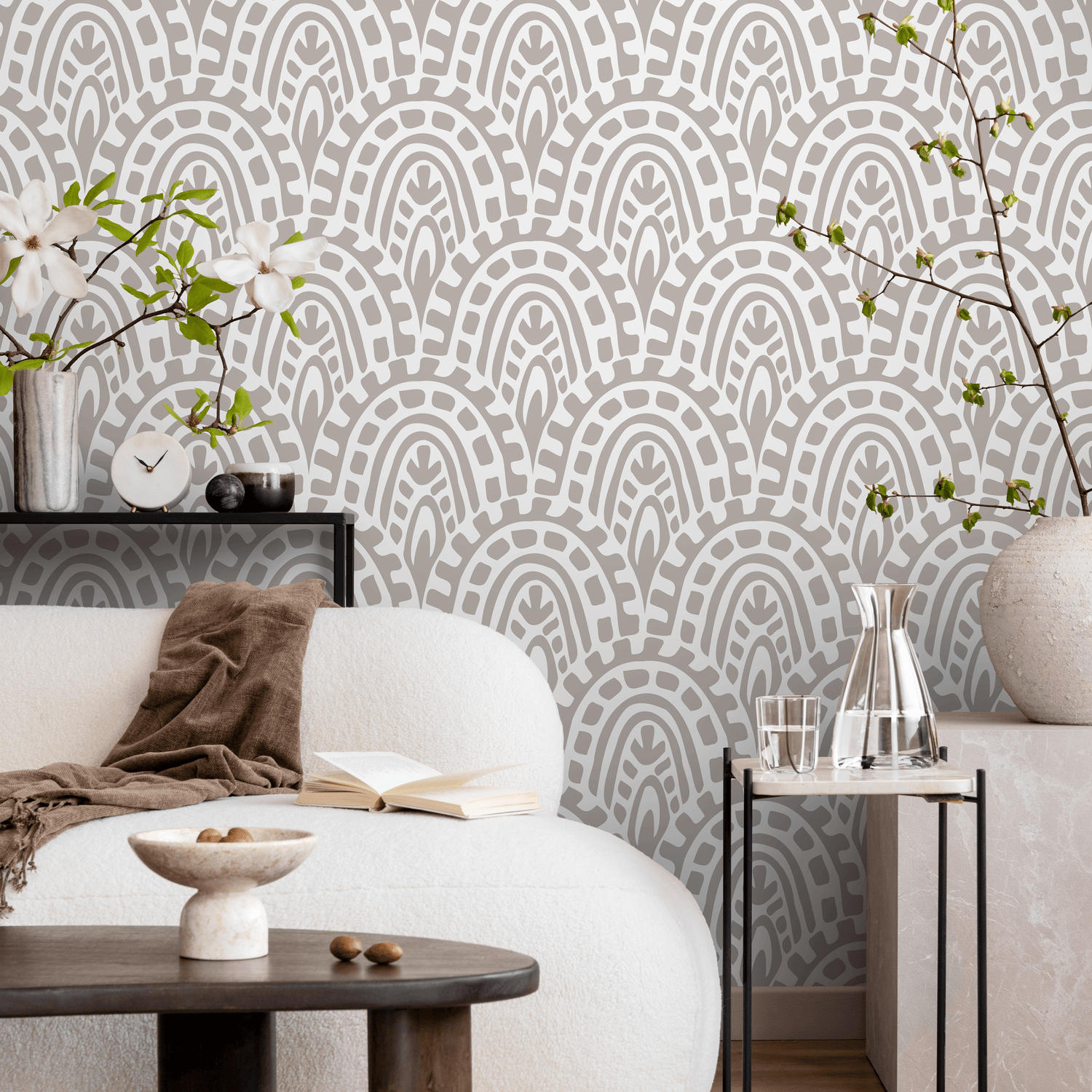 Abstract Wallpaper with a Bohemian Arch Pattern in Taupe and White - D353