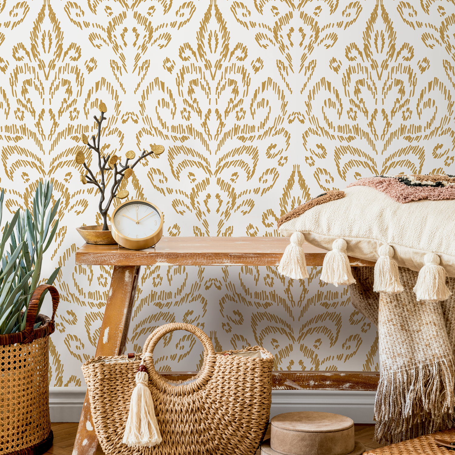 Papel pintado vintage amarillo/papel pintado autoadhesivo/papel pintado extraíble/papel pintado para decoración del hogar/arte de pared/decoración de habitación - D358