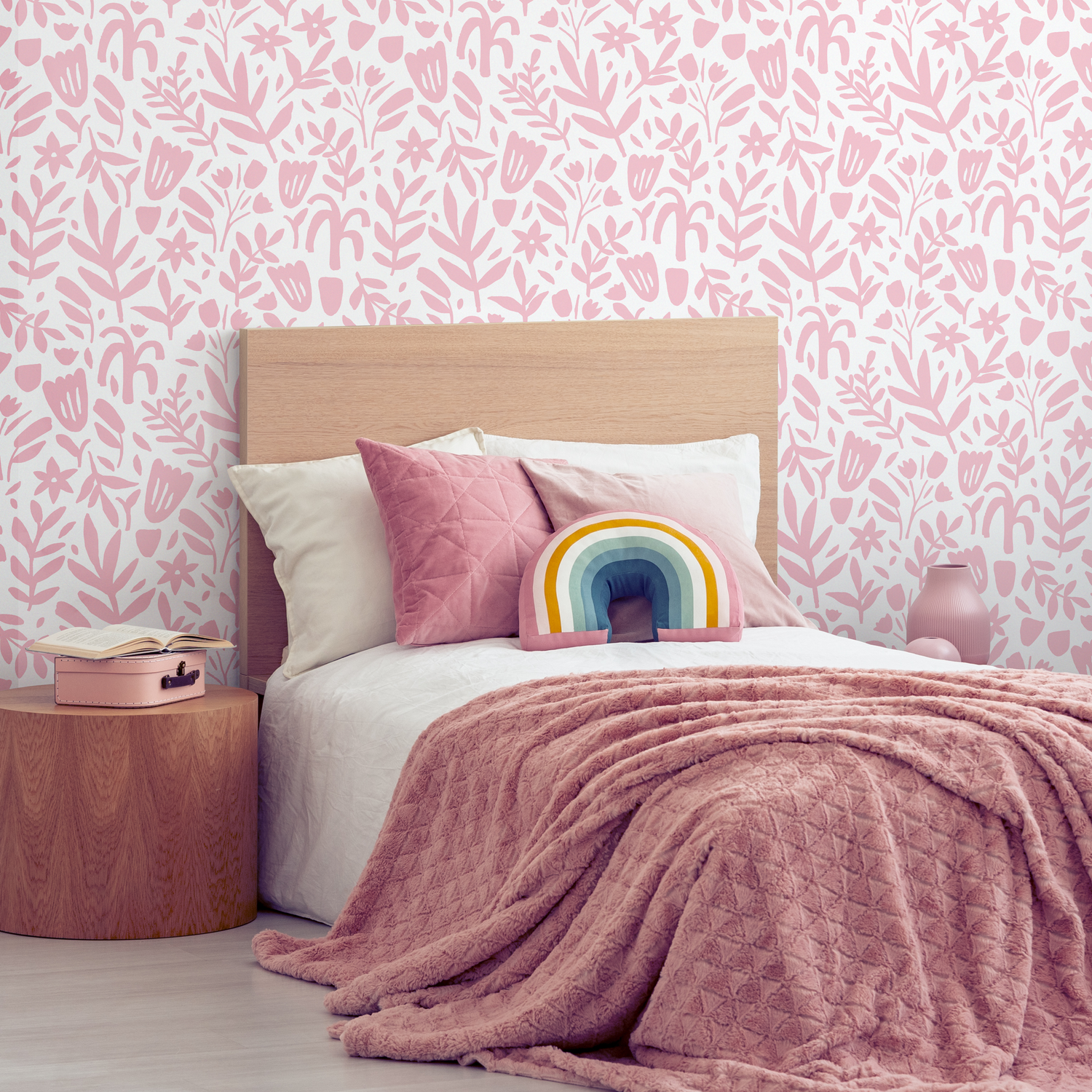 Floral Wallpaper with Abstract Cut-Out Blooms in Pink - D368