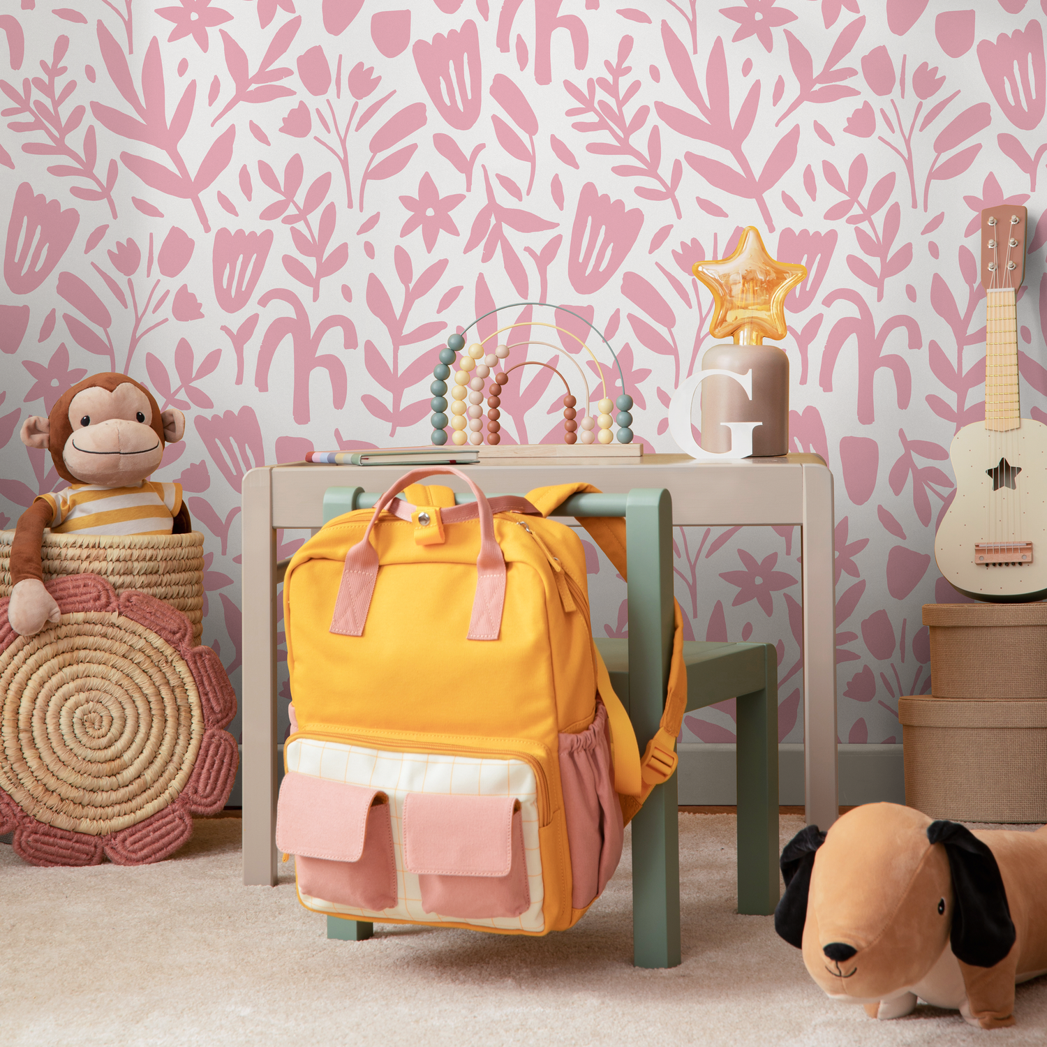 Floral Wallpaper with Abstract Cut-Out Blooms in Pink - D368