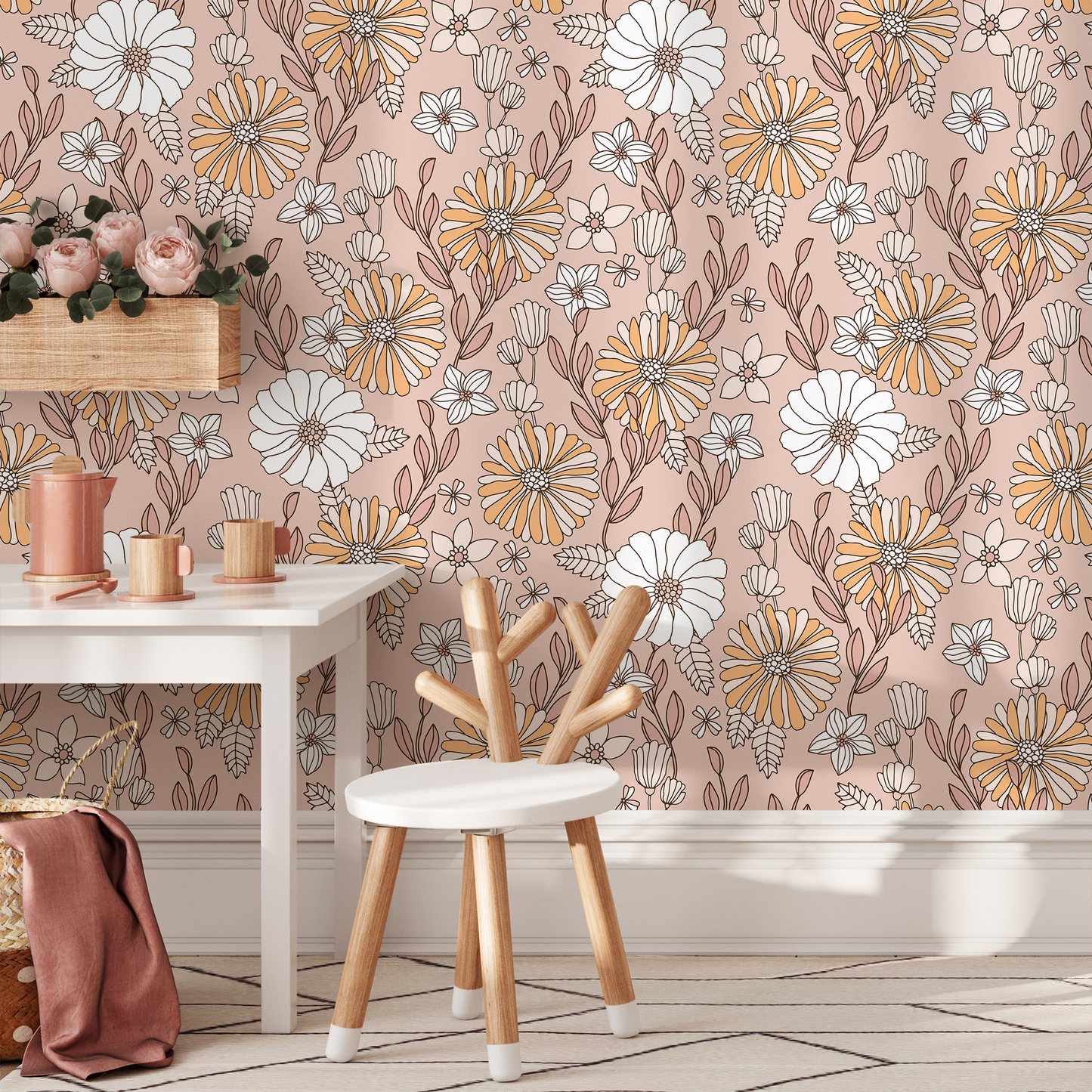 Papel pintado floral bohemio rosa / Papel pintado autoadhesivo / Papel pintado extraíble / Decoración del hogar / Arte de pared / Decoración de habitación - D377
