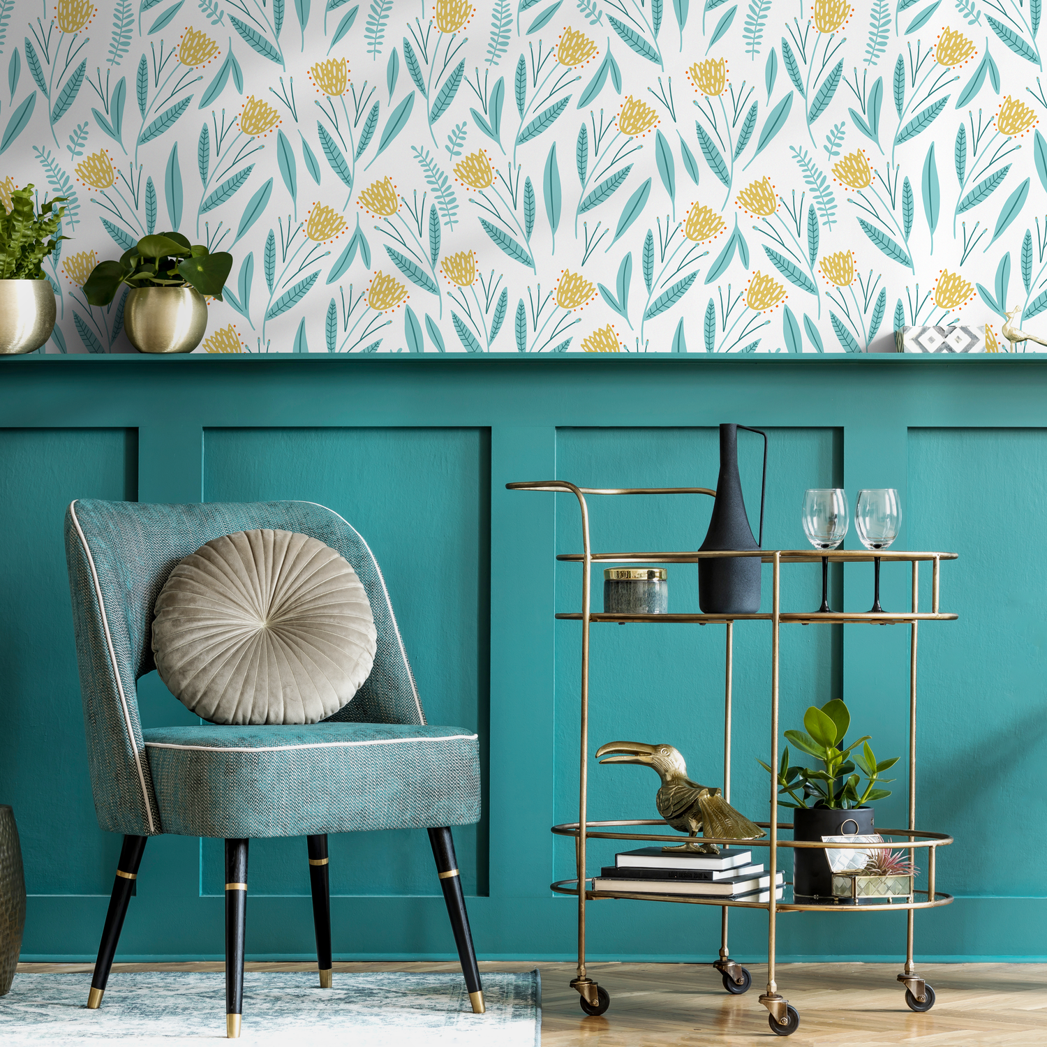 Papel pintado floral azul claro y amarillo / Papel pintado autoadhesivo / Papel pintado removible / Decoración del hogar / Arte de pared / Decoración de habitación - D389
