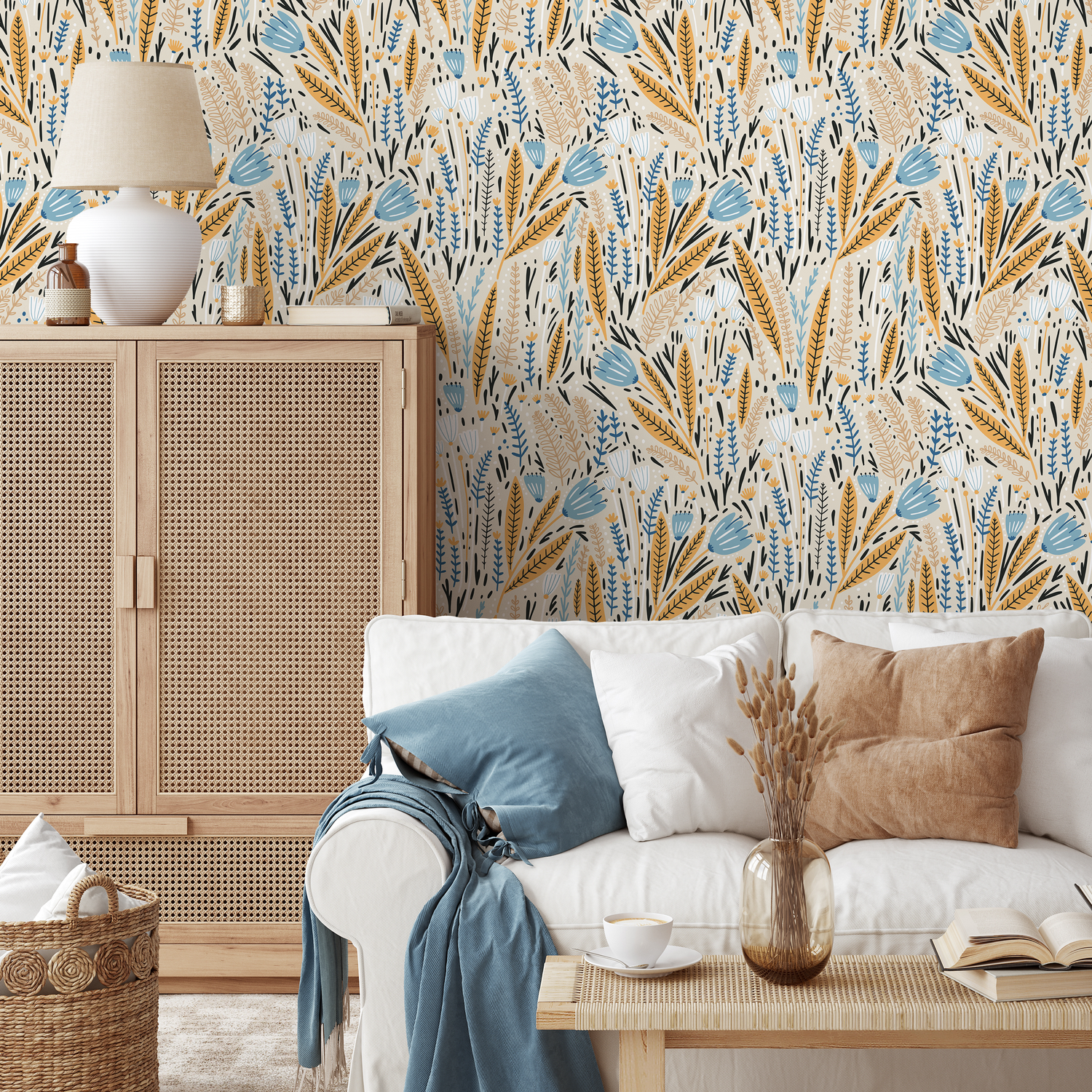 Floral Wallpaper with a Scandinavian Meadow Motif in Blue, Yellow, and Black - D397