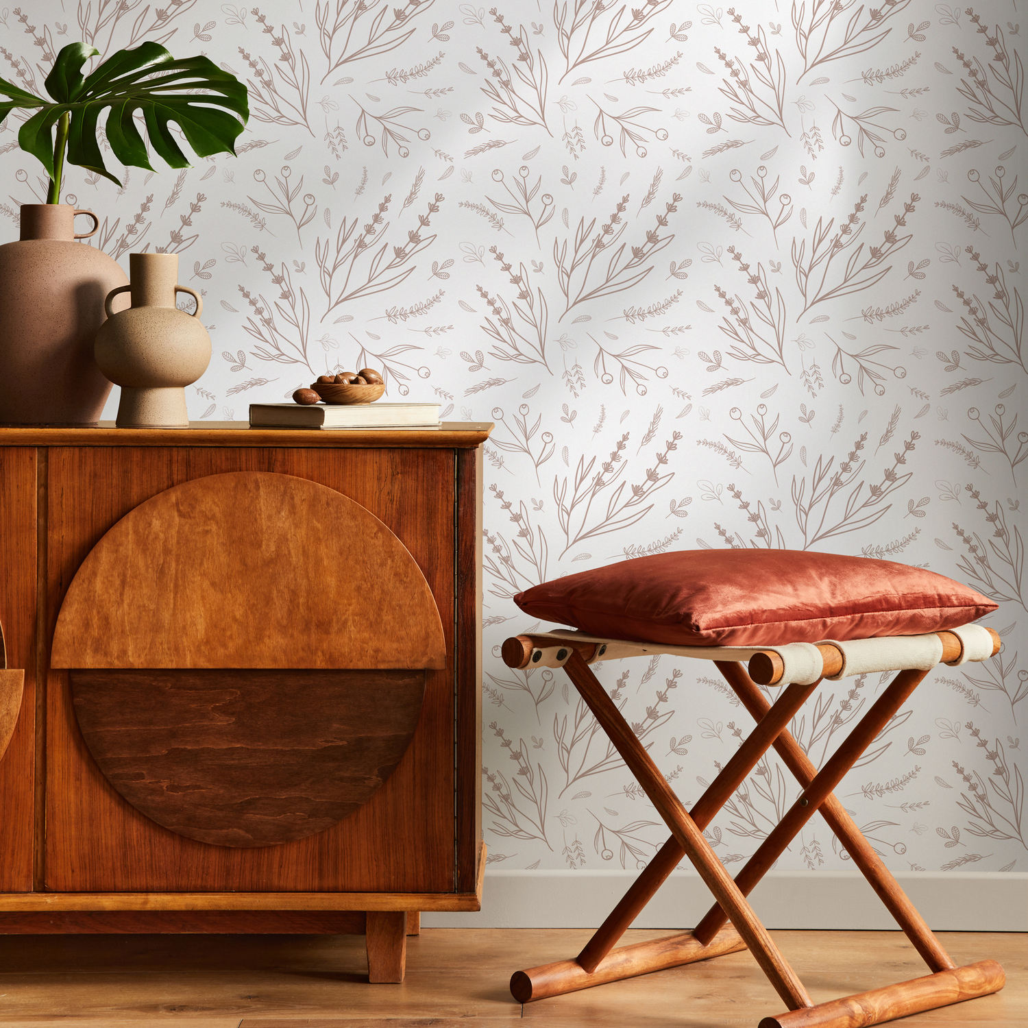 Botanical Wallpaper with Minimalist Wildflower Sketches in Taupe - D402