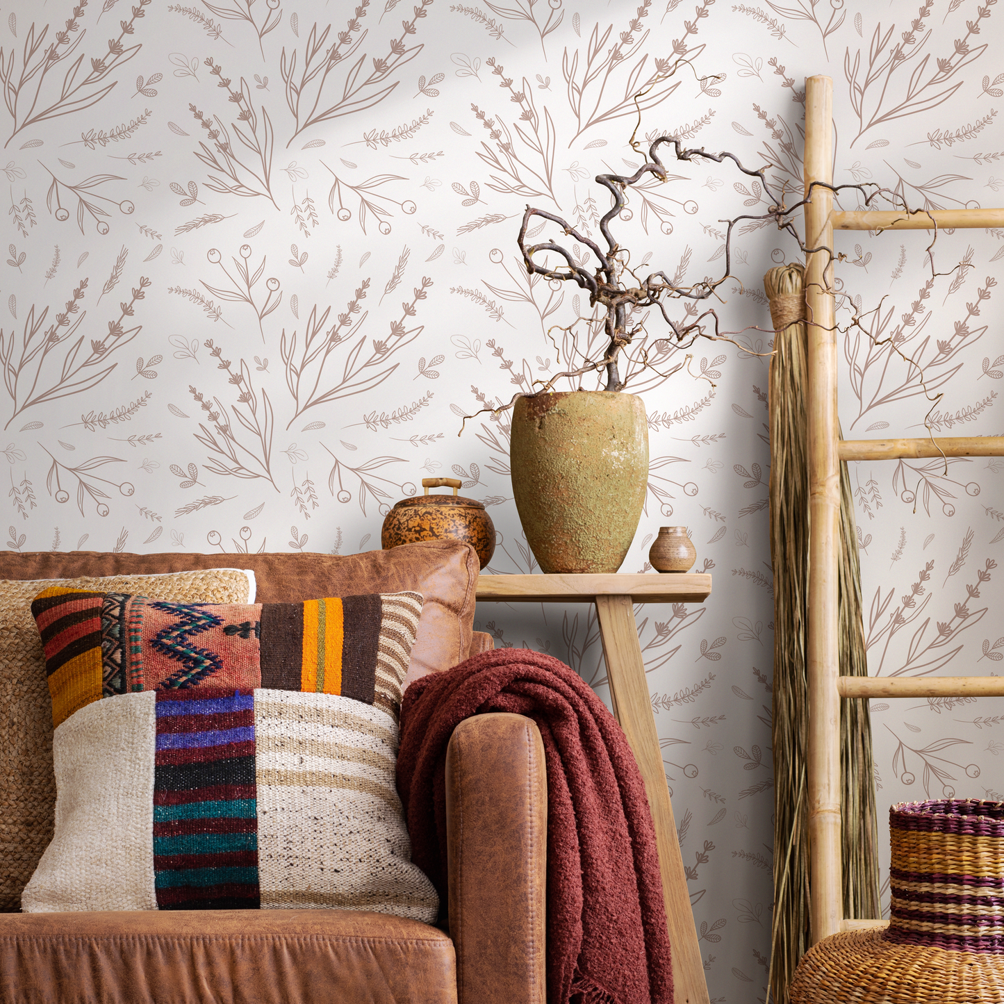 Papel pintado minimalista neutro con flores silvestres / Papel pintado autoadhesivo / Papel pintado extraíble / Decoración del hogar / Arte de pared / Decoración de habitación - D402