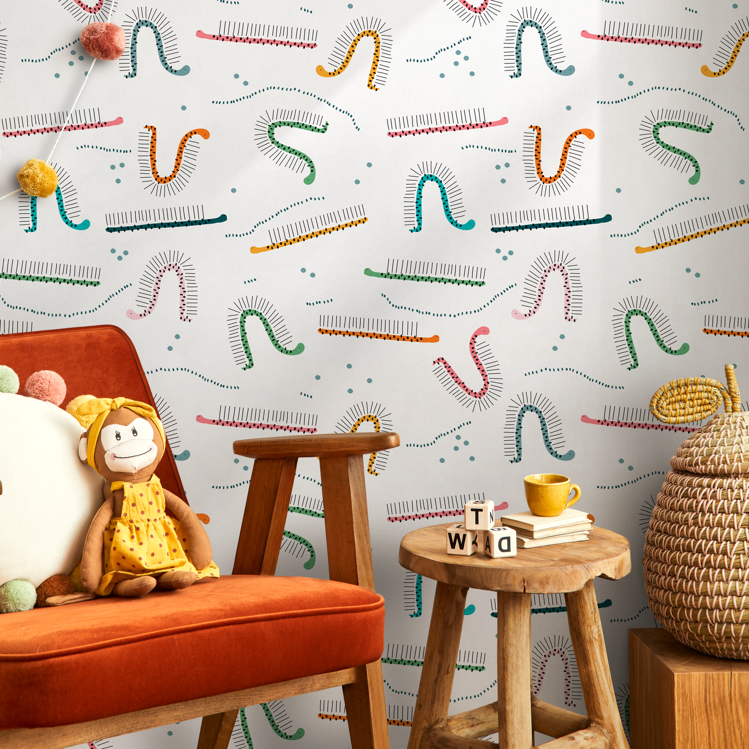 Abstract Wallpaper with Whimsical Caterpillar Motifs in Teal, Orange, and Green - D405