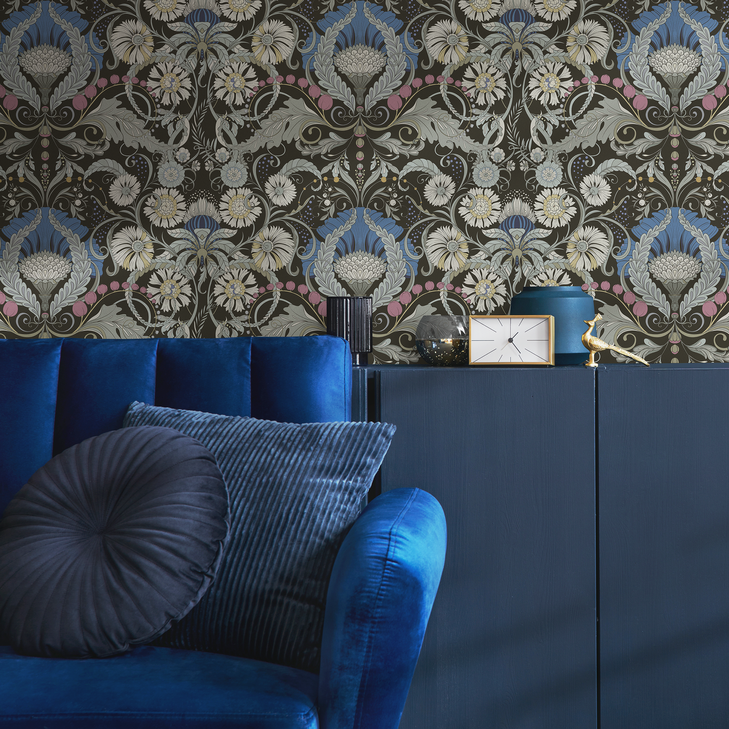 Art Nouveau Wallpaper with a Floral Damask Motif in Brown, Blue, and Pink - D407