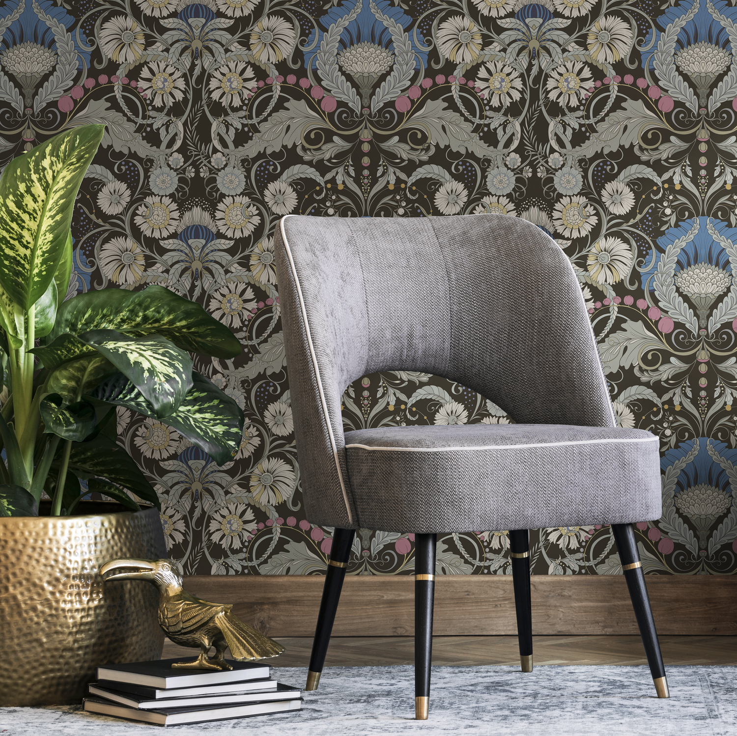 Art Nouveau Wallpaper with a Floral Damask Motif in Brown, Blue, and Pink - D407