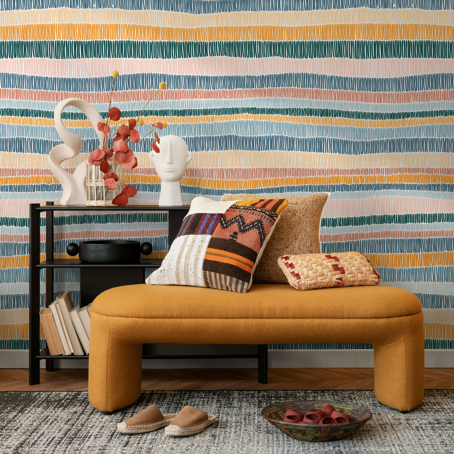 Abstract Wallpaper with Hand-Drawn Stripes in Blue, Green, and Orange - D509