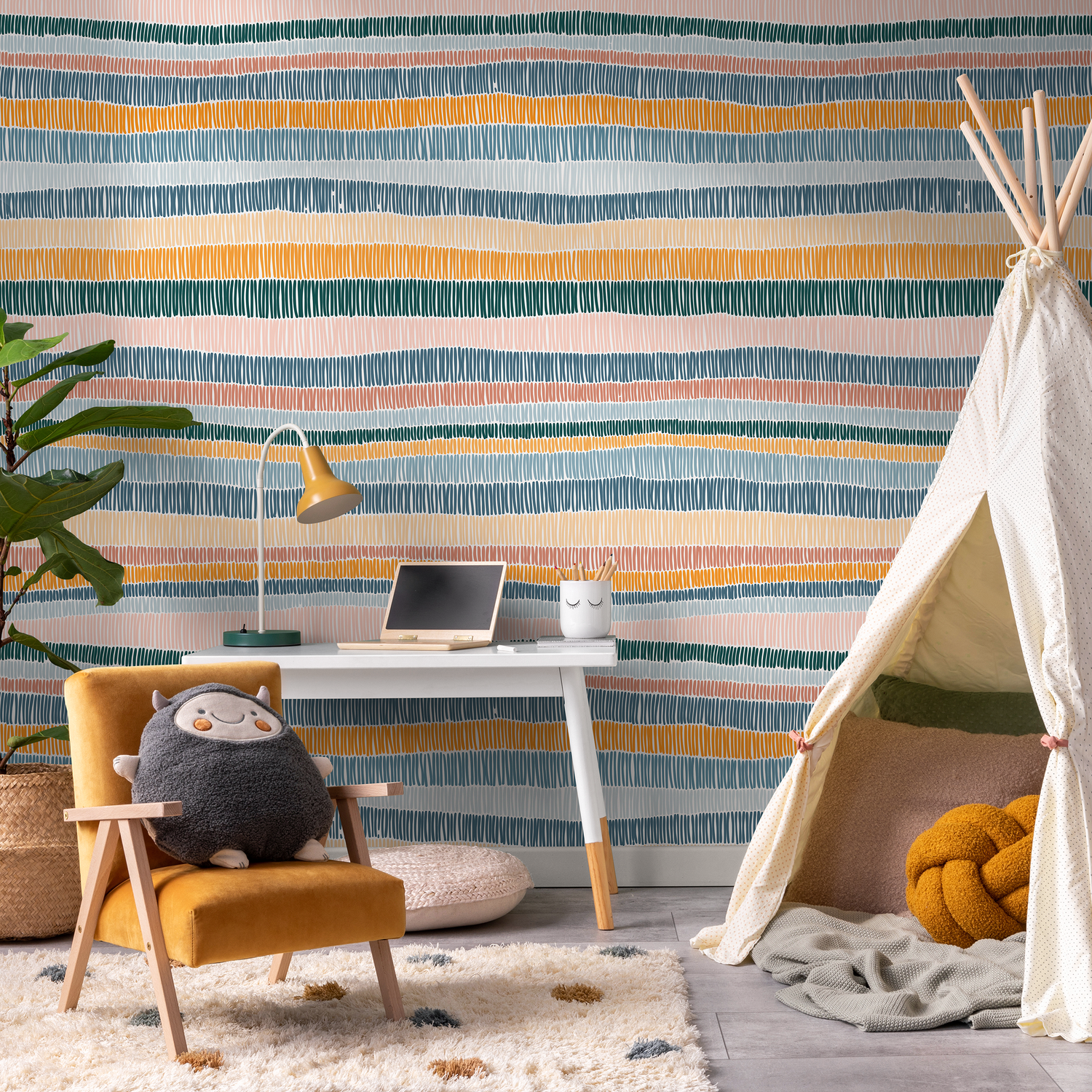 Abstract Wallpaper with Hand-Drawn Stripes in Blue, Green, and Orange - D509