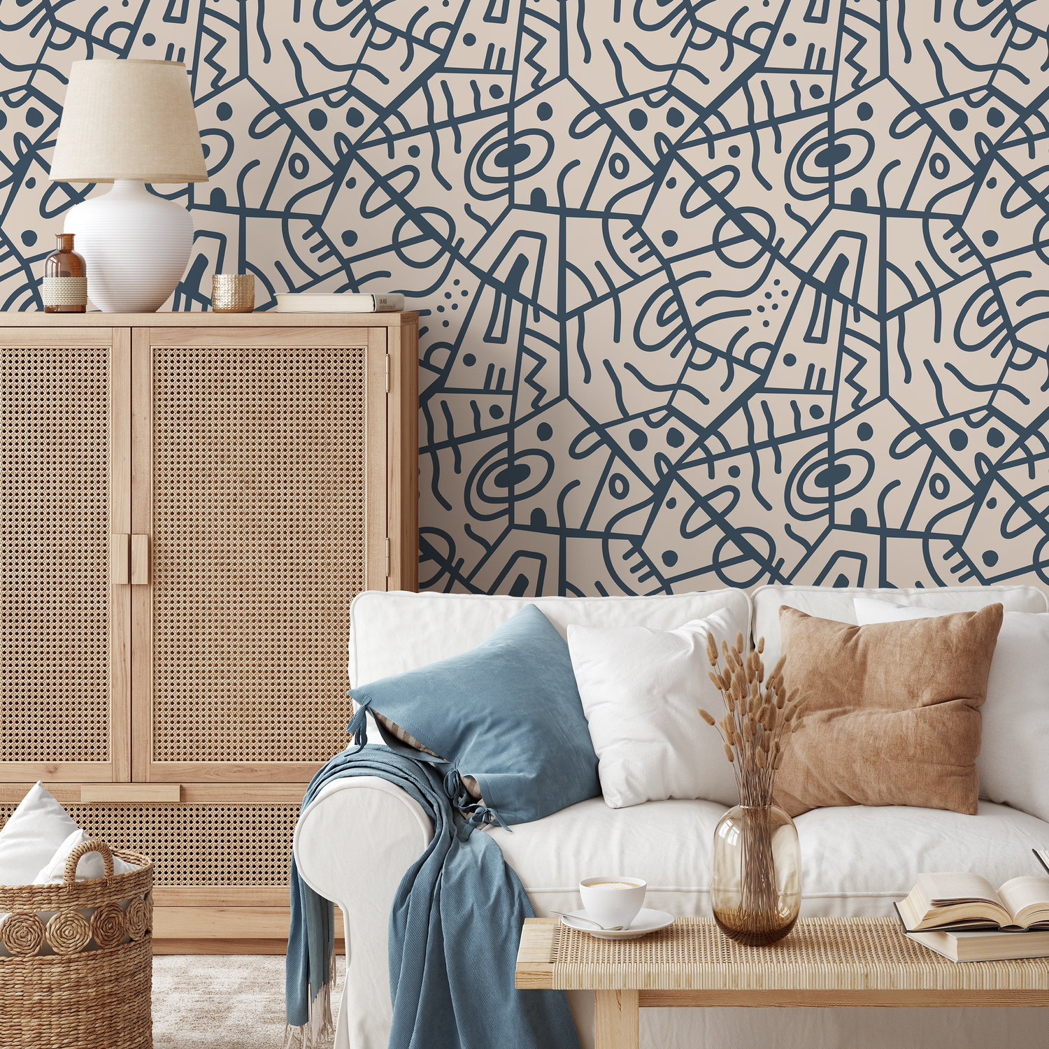 Abstract Wallpaper with Bold Tribal Lines in Navy Blue and Taupe - D549