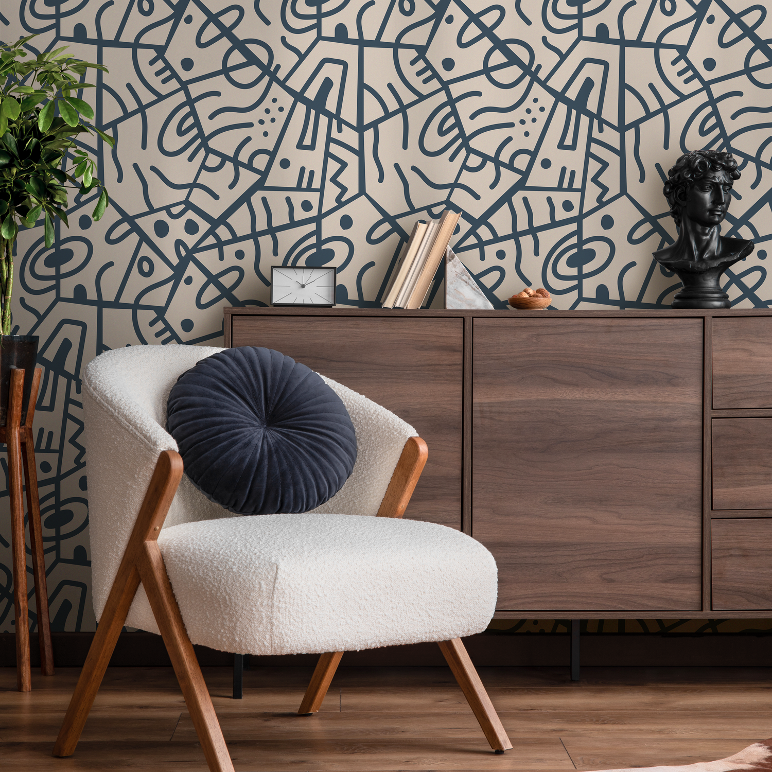 Abstract Wallpaper with Bold Tribal Lines in Navy Blue and Taupe - D549