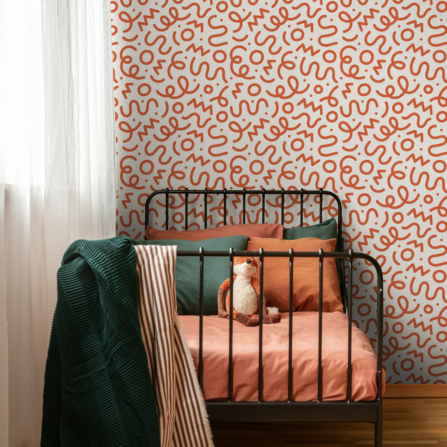 Abstract Wallpaper with Hand-Drawn Squiggles in Red - D575