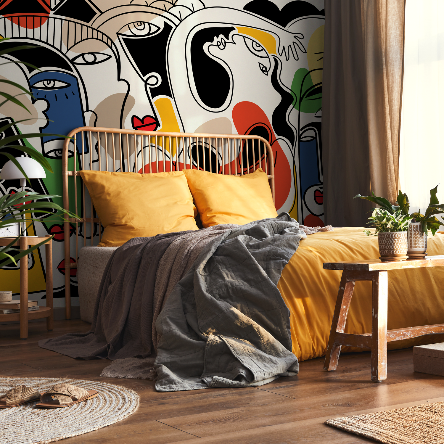 Abstract Wallpaper with Surreal Line Art Faces in Red, Yellow, and Blue - D586