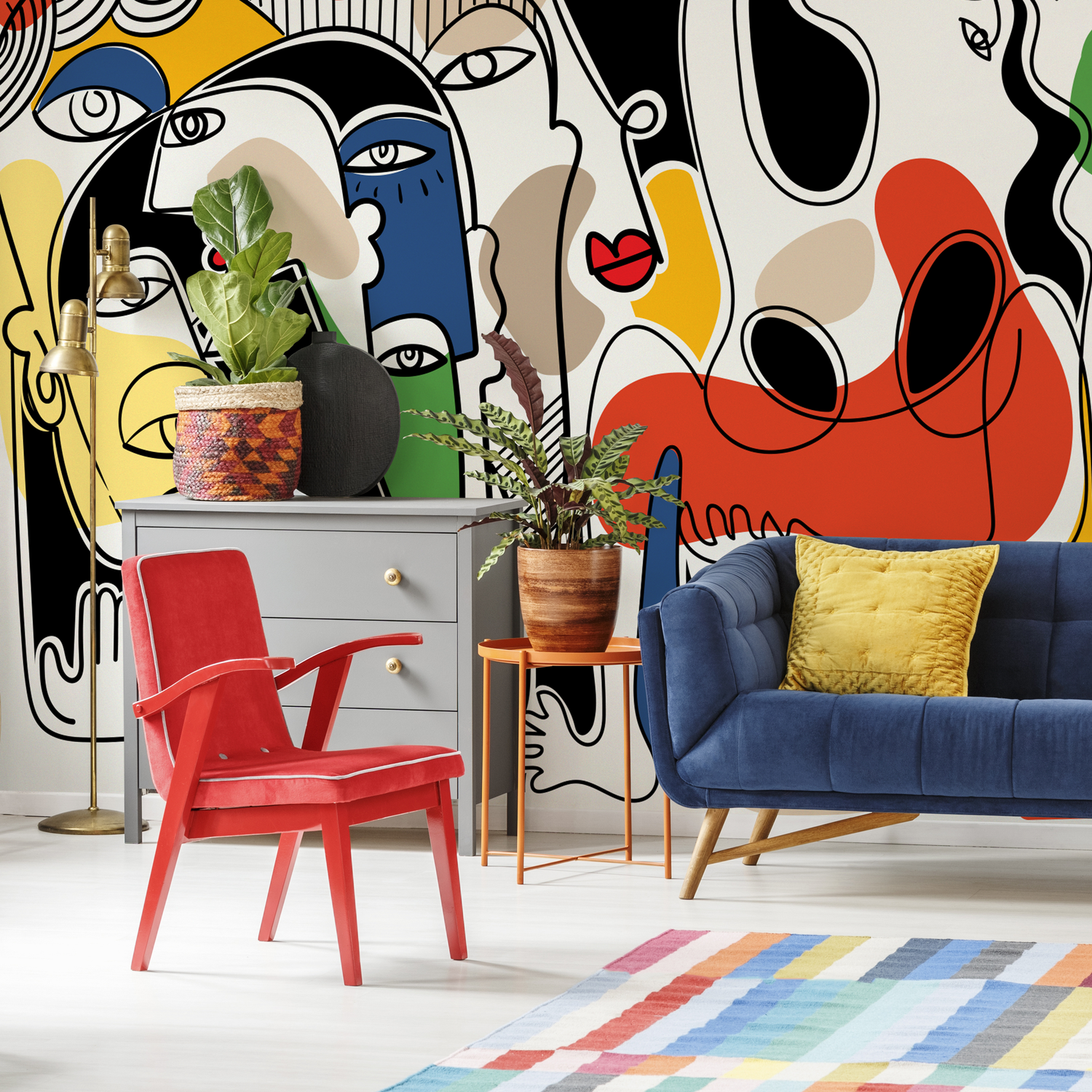 Abstract Wallpaper with Surreal Line Art Faces in Red, Yellow, and Blue - D586