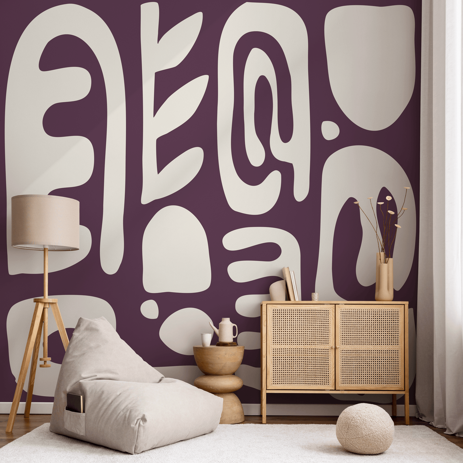 Abstract Wallpaper with Bold Organic Shapes in Purple and Beige - D594