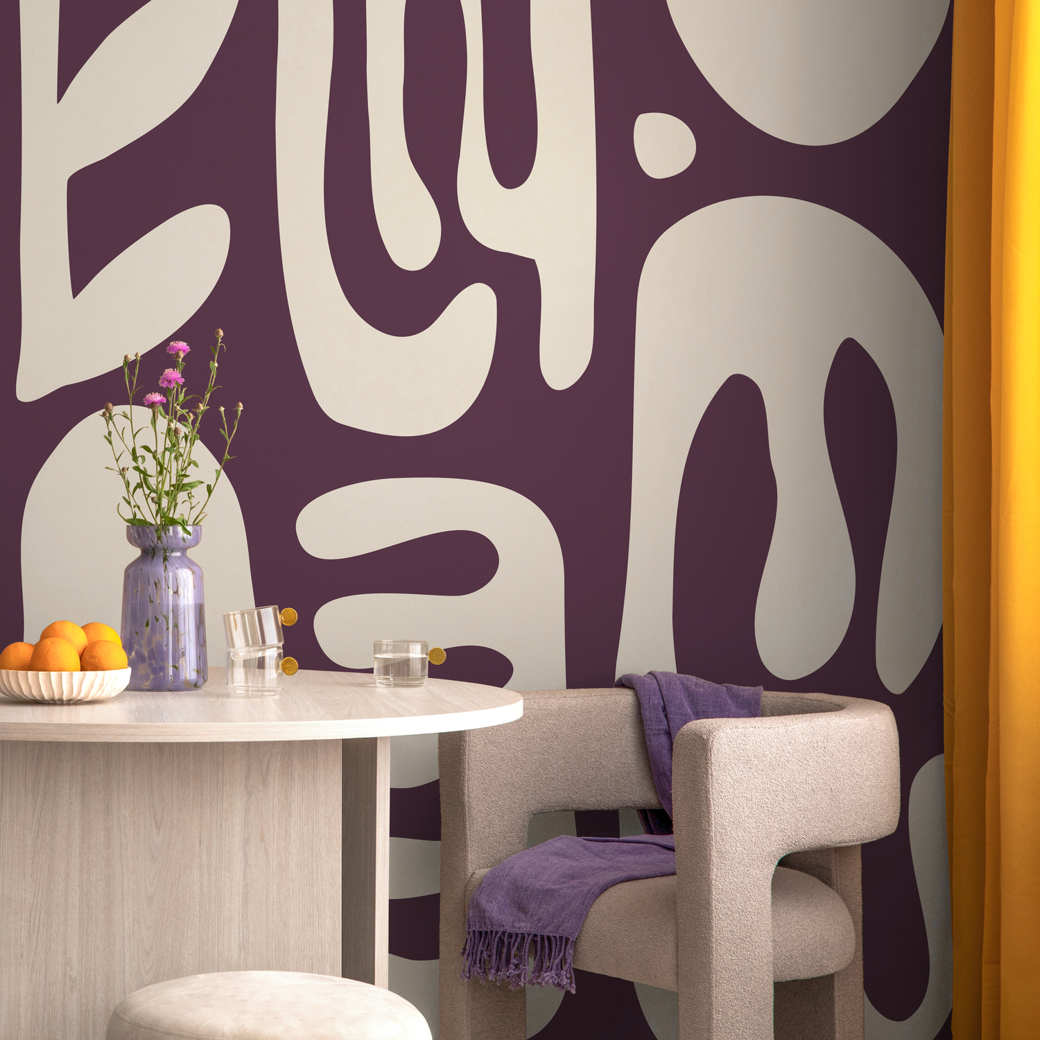 Abstract Wallpaper with Bold Organic Shapes in Purple and Beige - D594